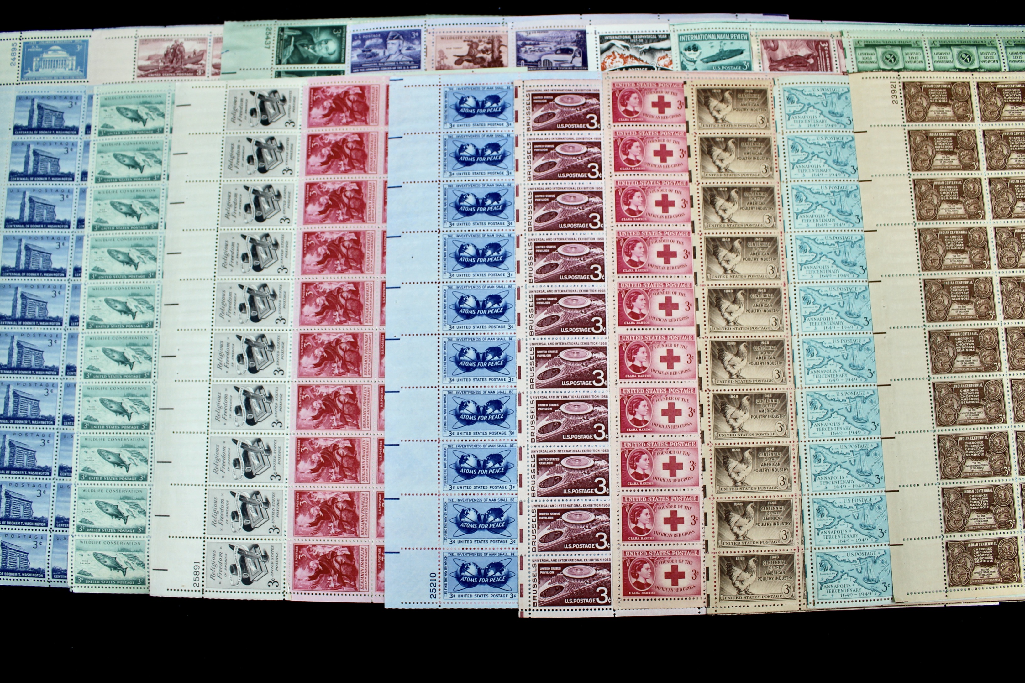 Seventy-Eight Different 3-Cent U.S. Postage Stamp Sheets, 1940s to 1950s