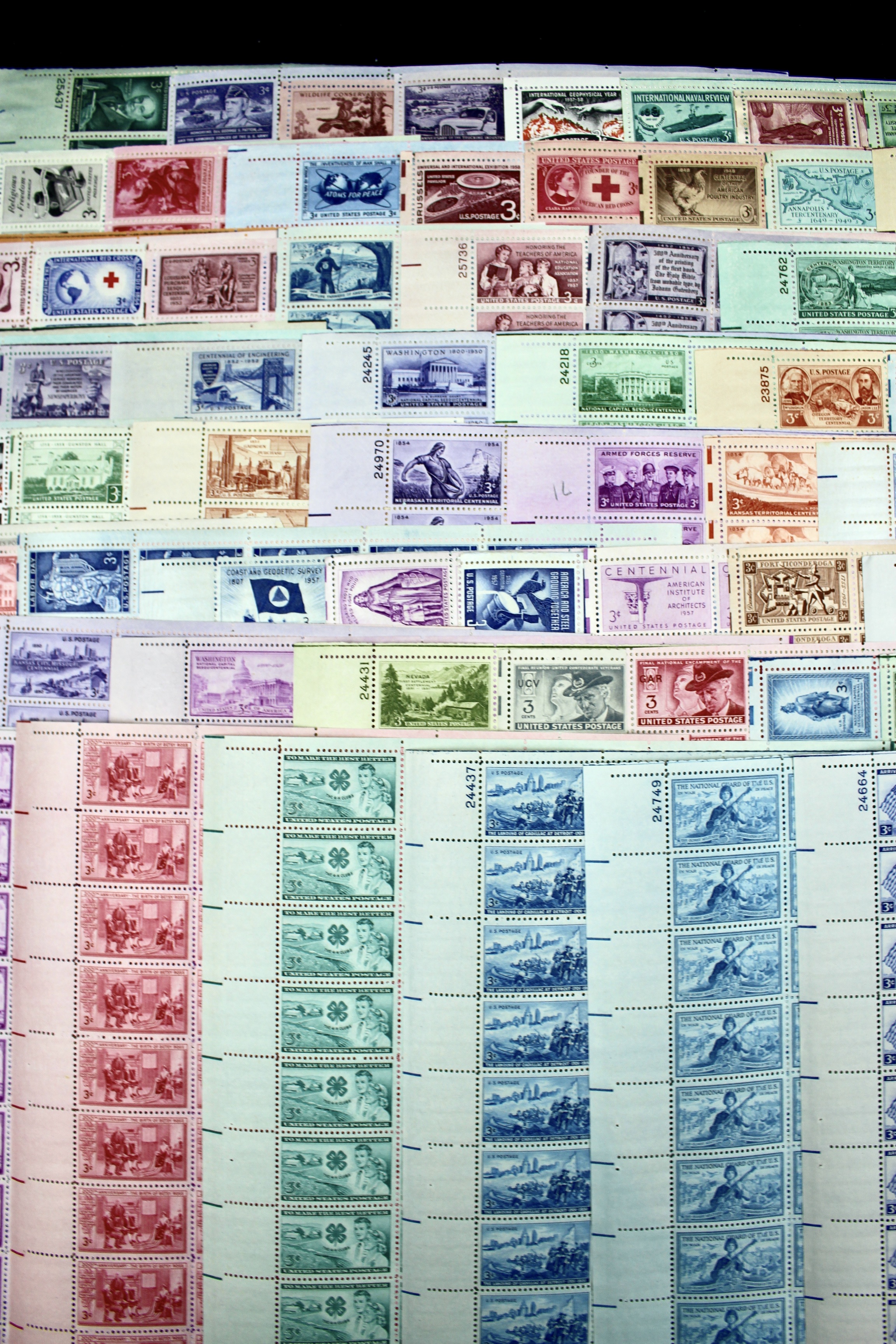 Seventy-Eight Different 3-Cent U.S. Postage Stamp Sheets, 1940s to 1950s