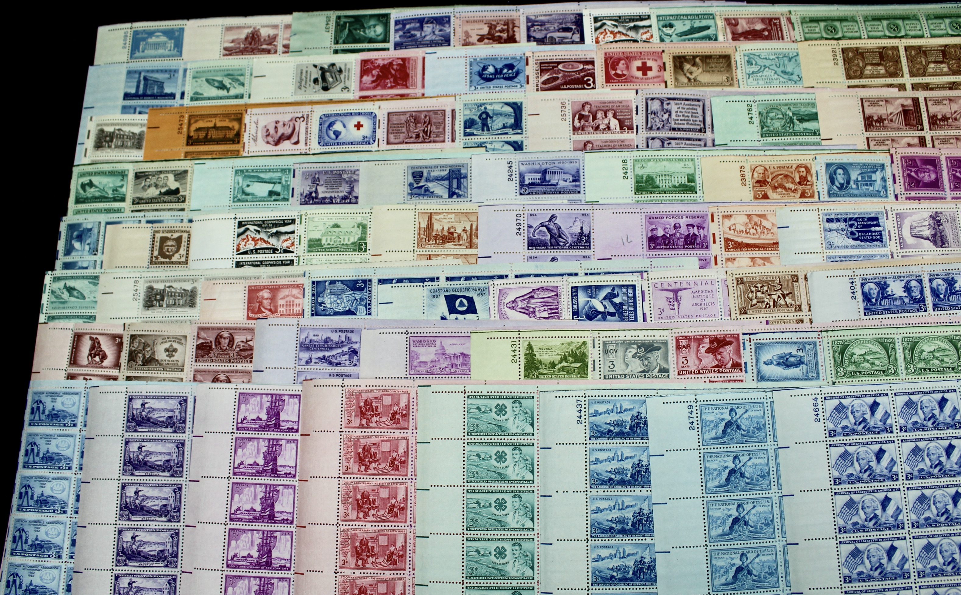 Seventy-Eight Different 3-Cent U.S. Postage Stamp Sheets, 1940s to 1950s