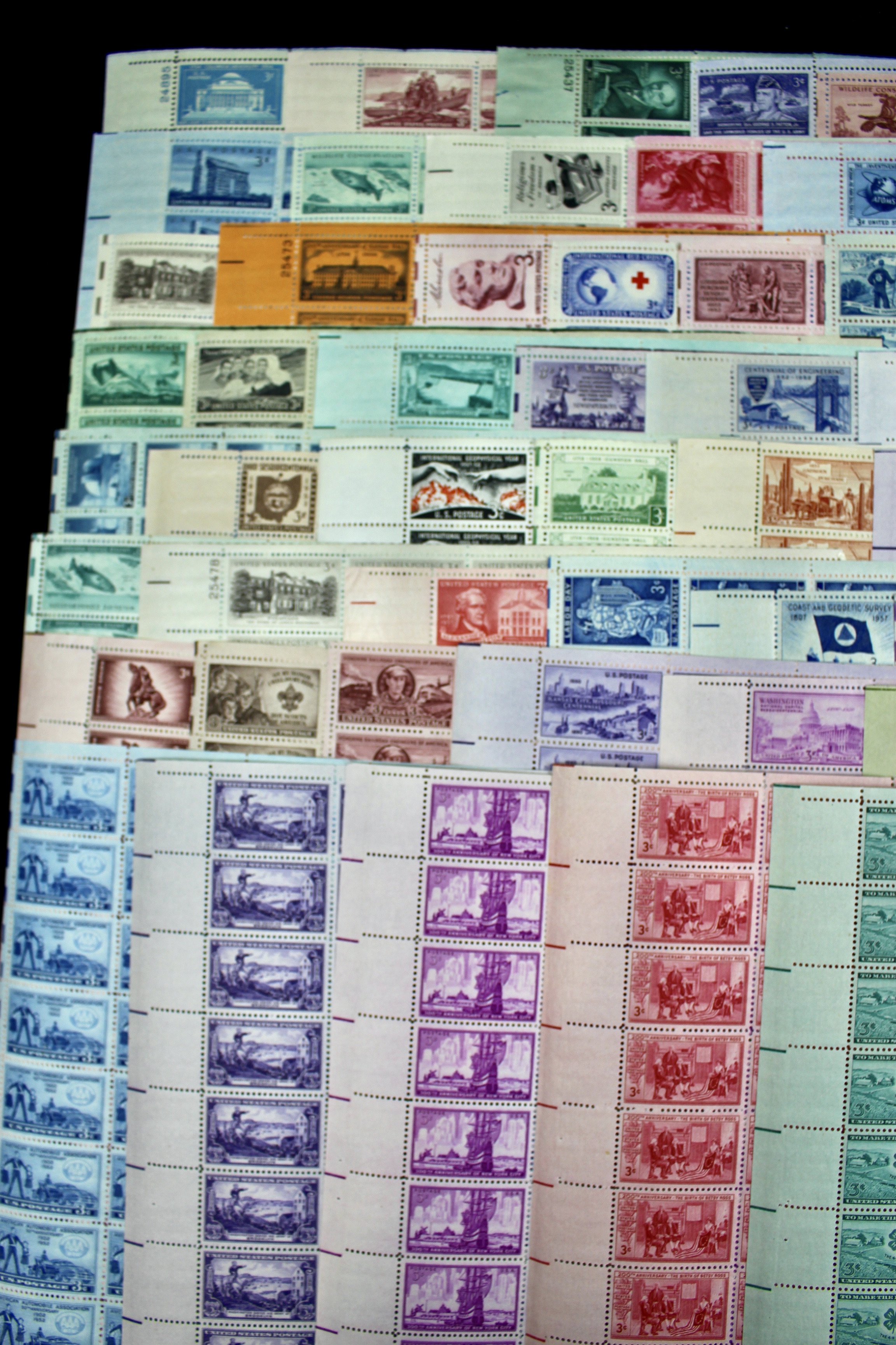 Seventy-Eight Different 3-Cent U.S. Postage Stamp Sheets, 1940s to 1950s
