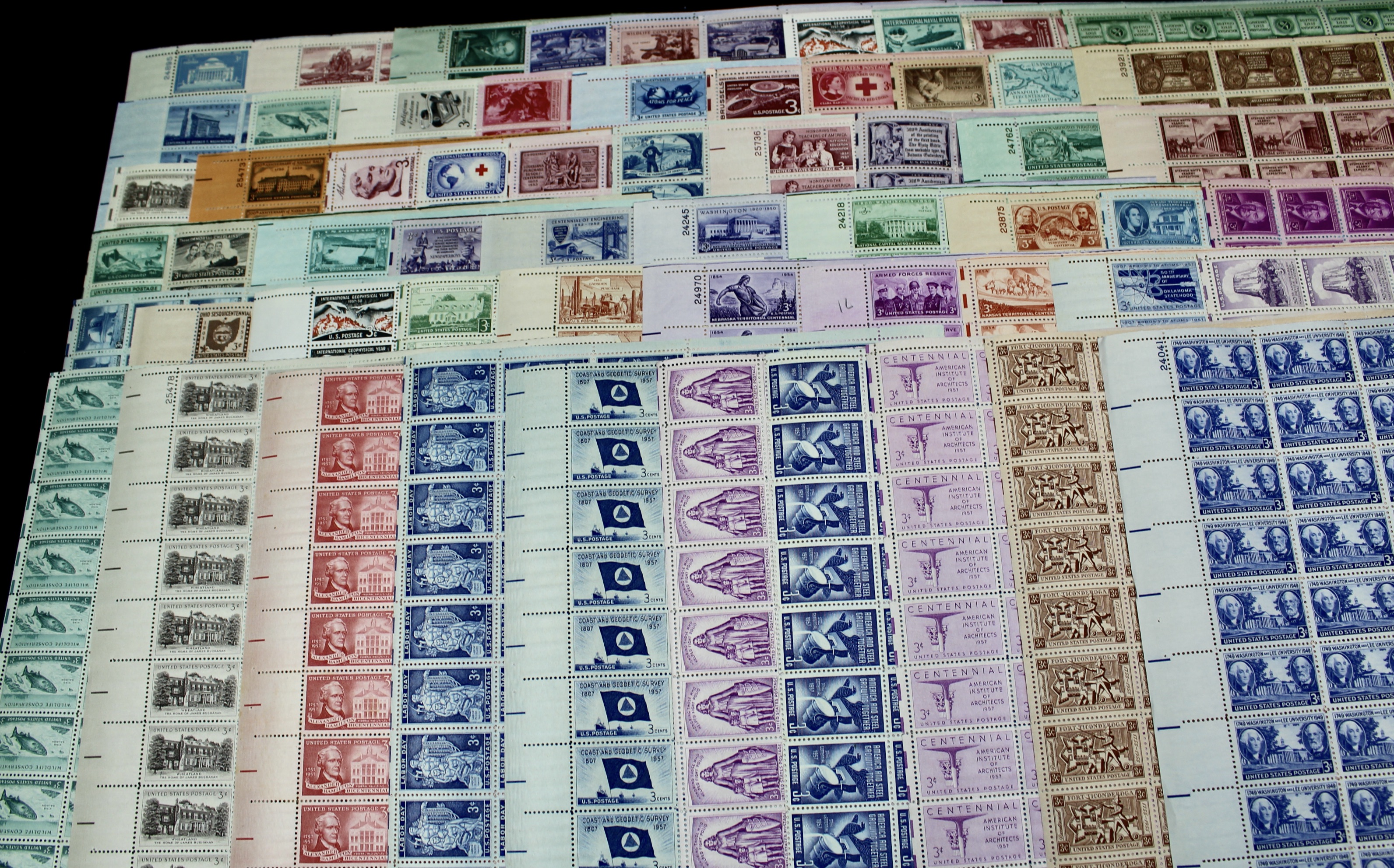 Seventy-Eight Different 3-Cent U.S. Postage Stamp Sheets, 1940s to 1950s