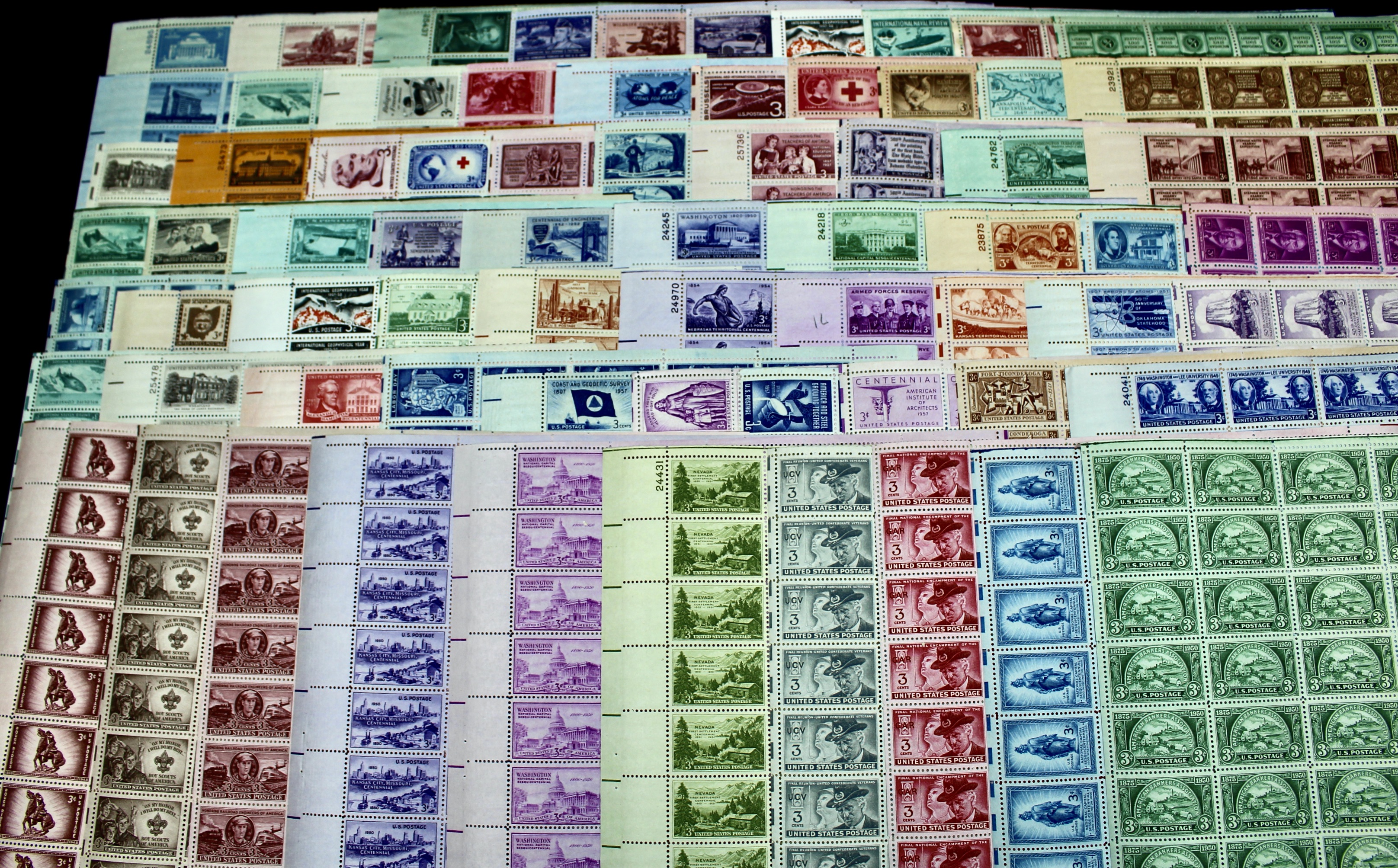 Seventy-Eight Different 3-Cent U.S. Postage Stamp Sheets, 1940s to 1950s