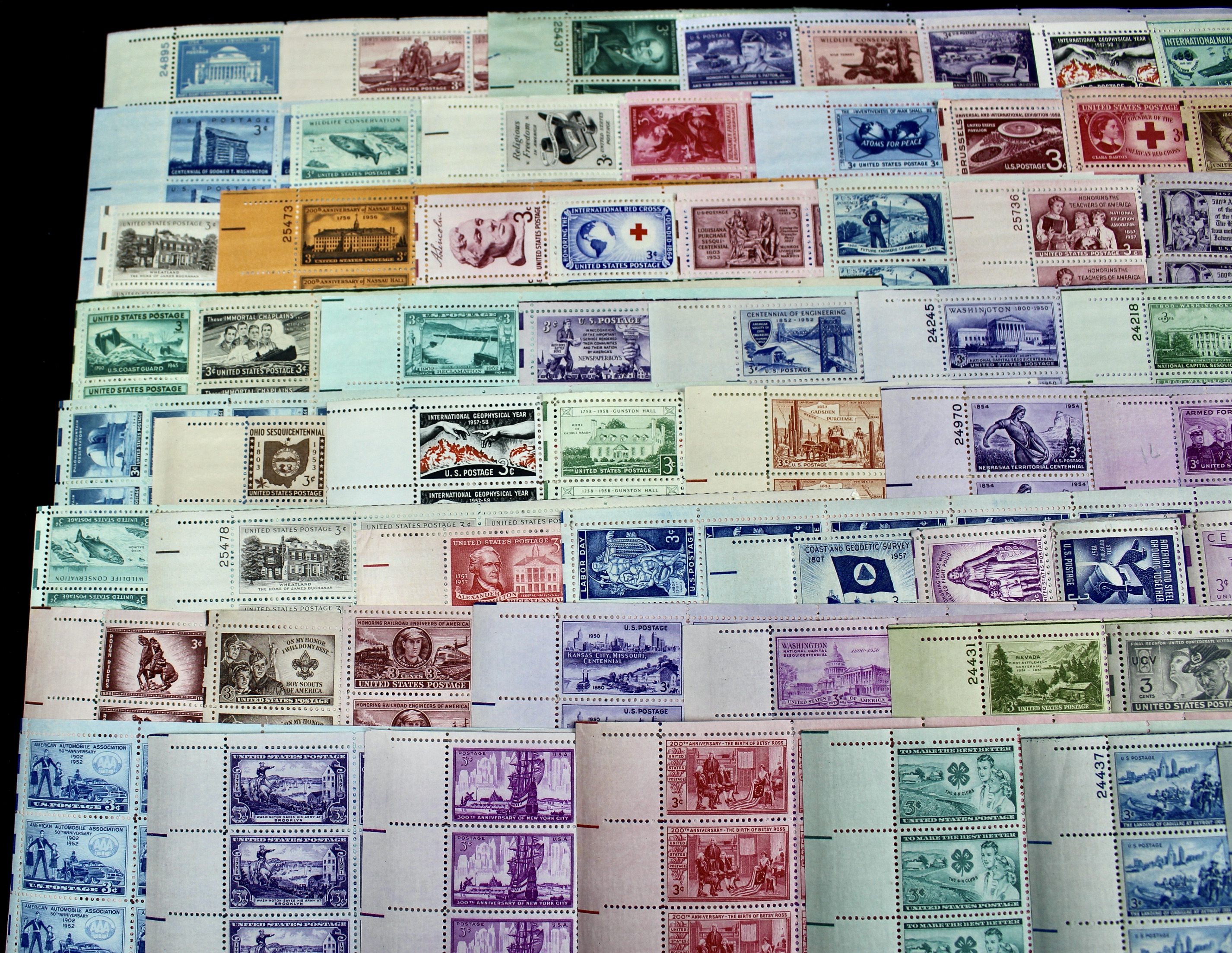 Seventy-Eight Different 3-Cent U.S. Postage Stamp Sheets, 1940s to 1950s