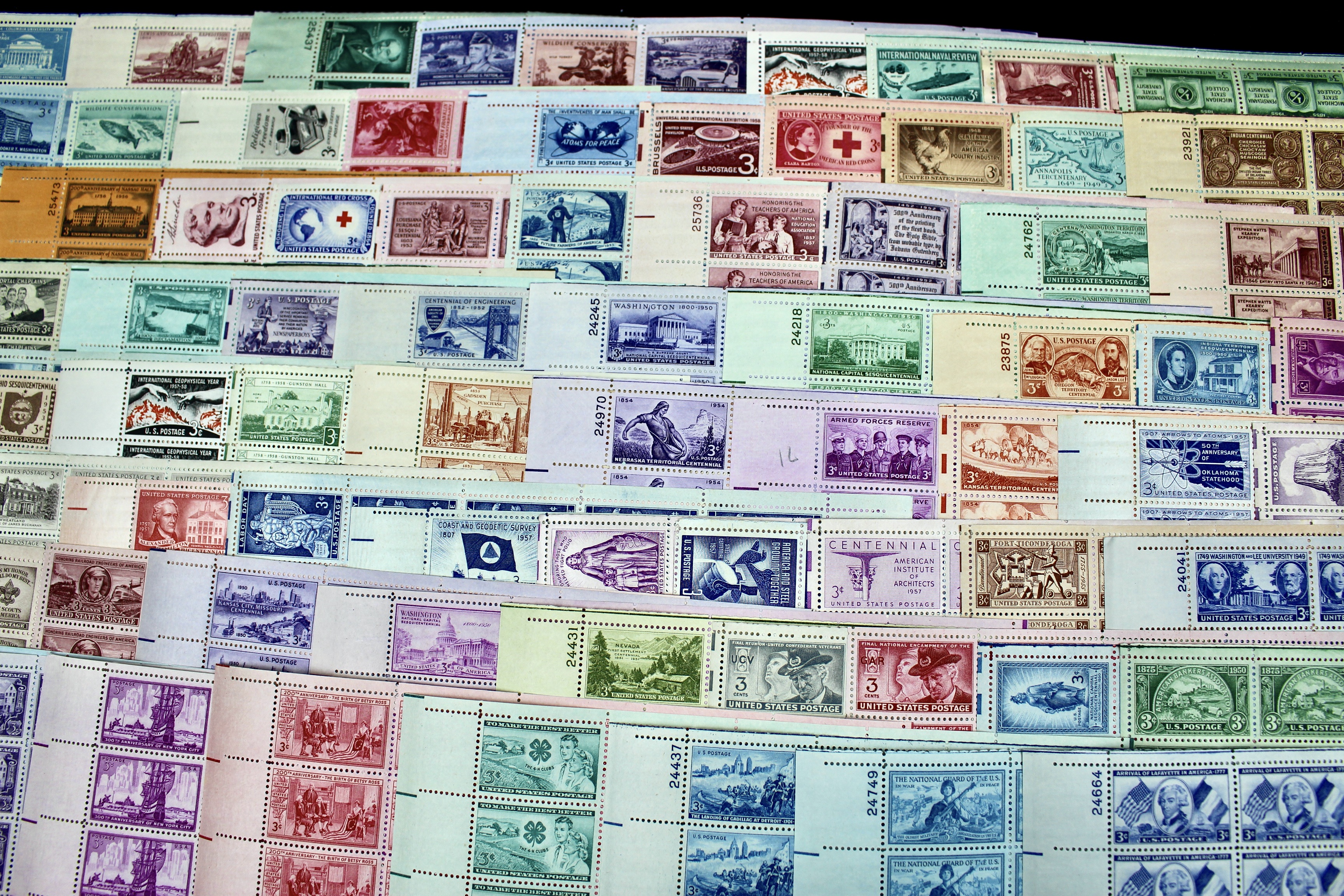Seventy-Eight Different 3-Cent U.S. Postage Stamp Sheets, 1940s to 1950s