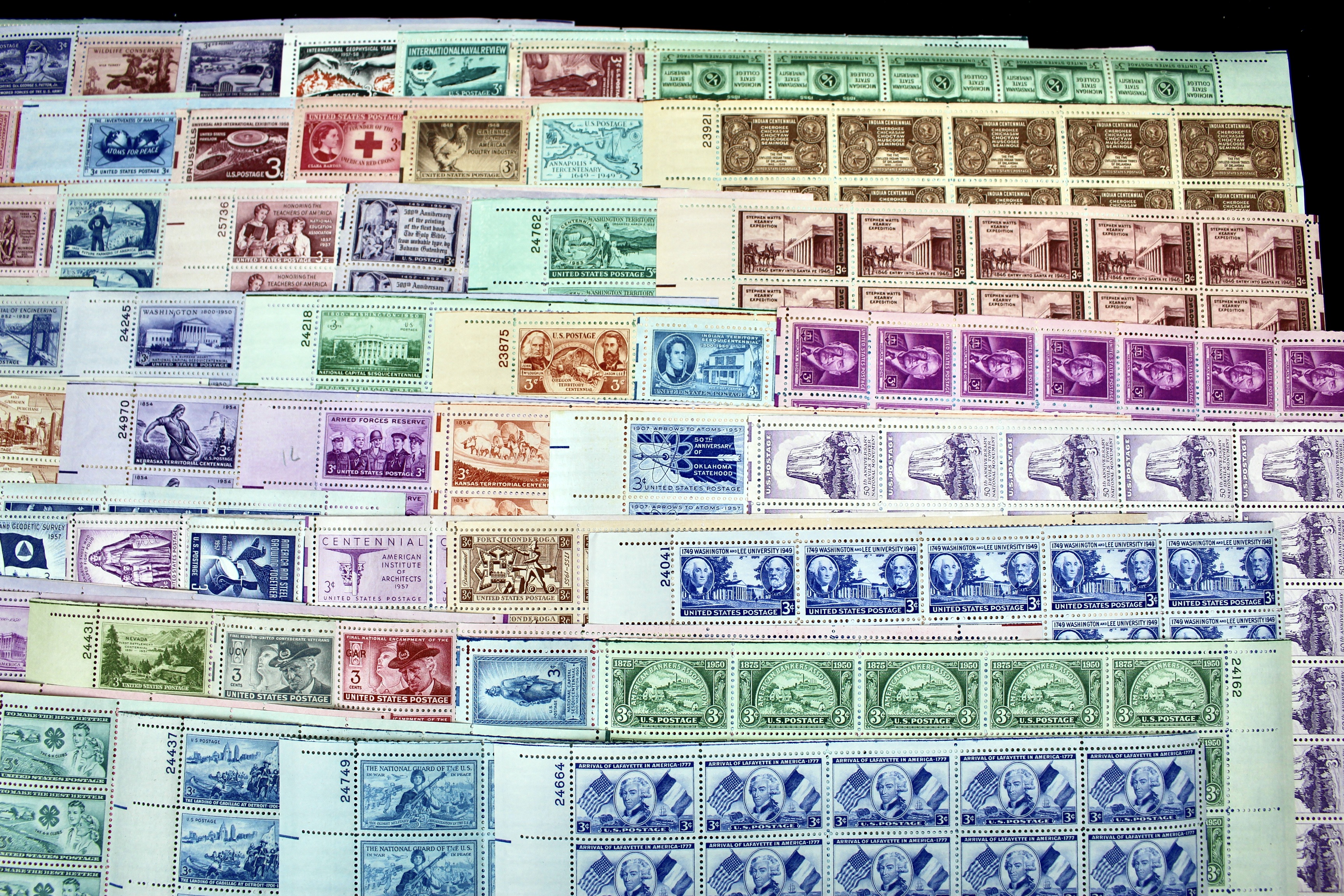 Seventy-Eight Different 3-Cent U.S. Postage Stamp Sheets, 1940s to 1950s