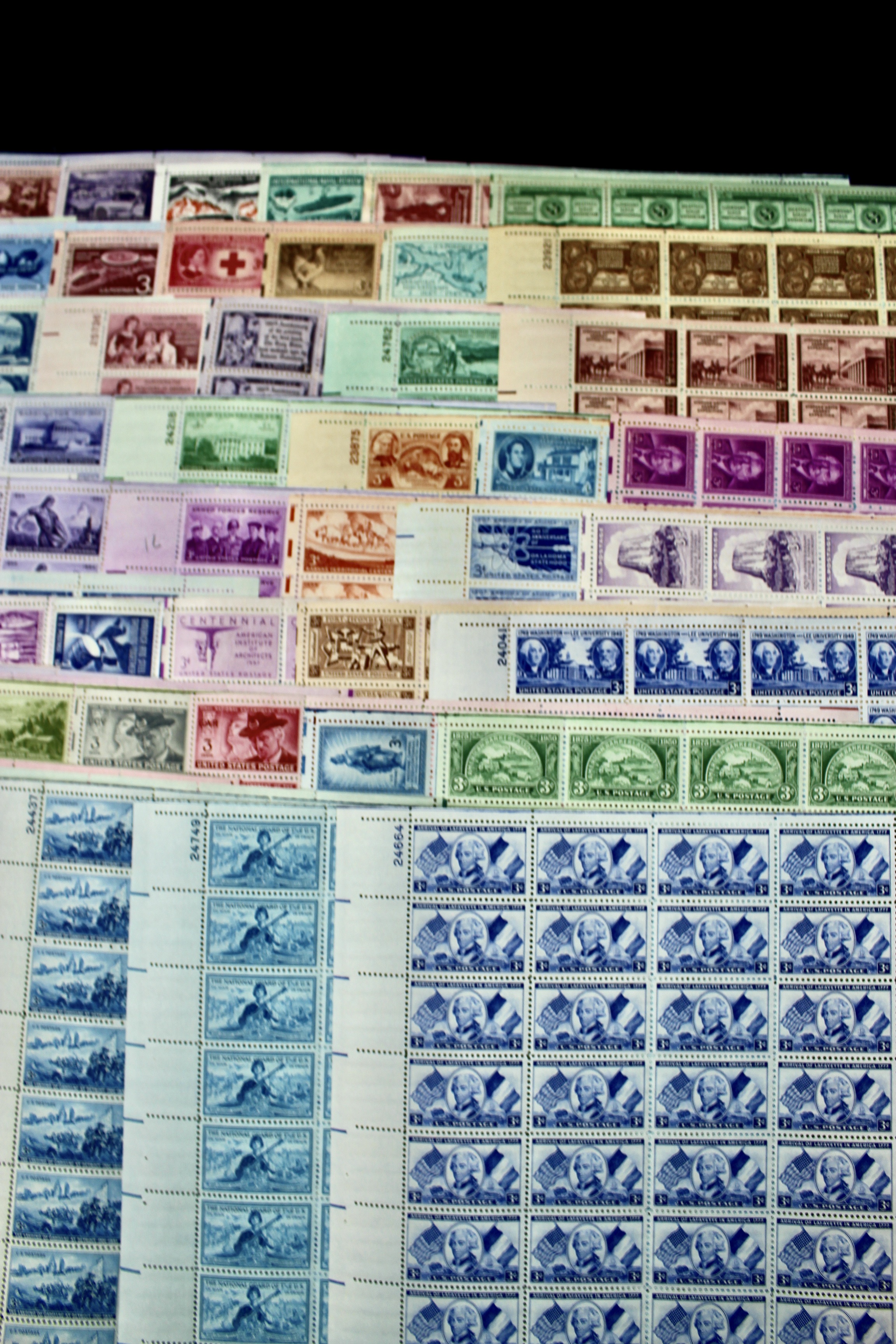 Seventy-Eight Different 3-Cent U.S. Postage Stamp Sheets, 1940s to 1950s