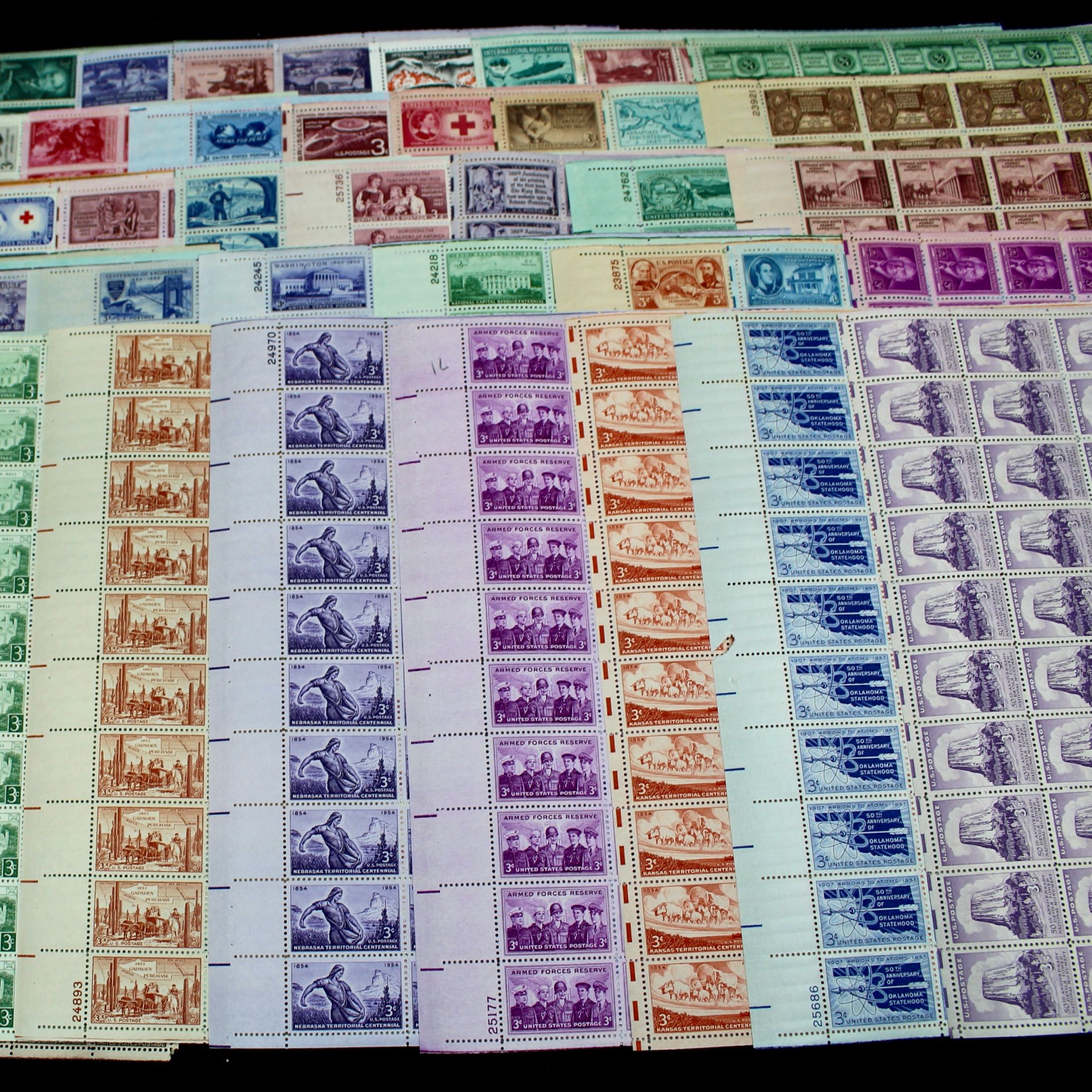 Seventy-Eight Different 3-Cent U.S. Postage Stamp Sheets, 1940s to 1950s