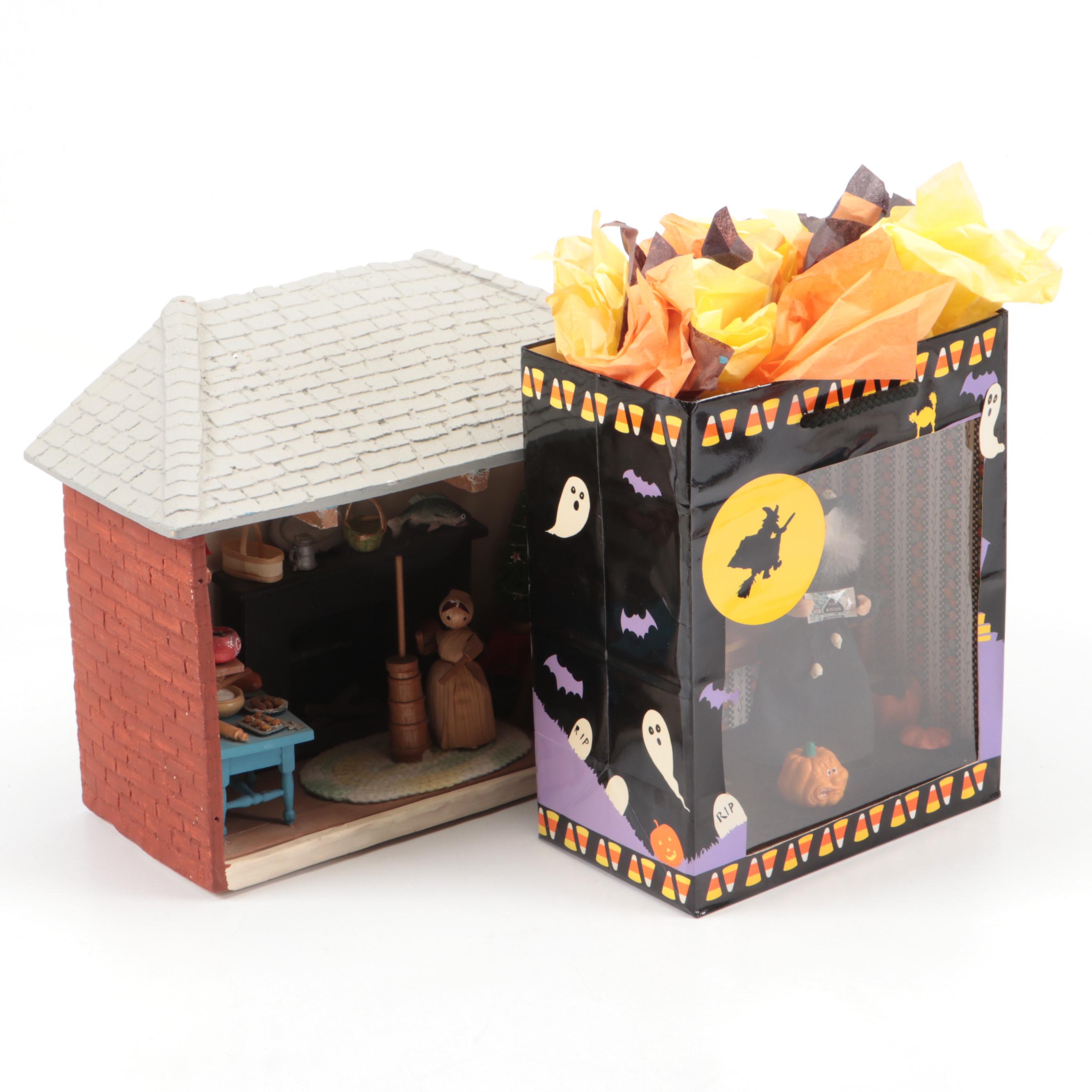Hobbyist Hand-Crafted Halloween Witch and Amish Kitchen Theme Miniature Dioramas