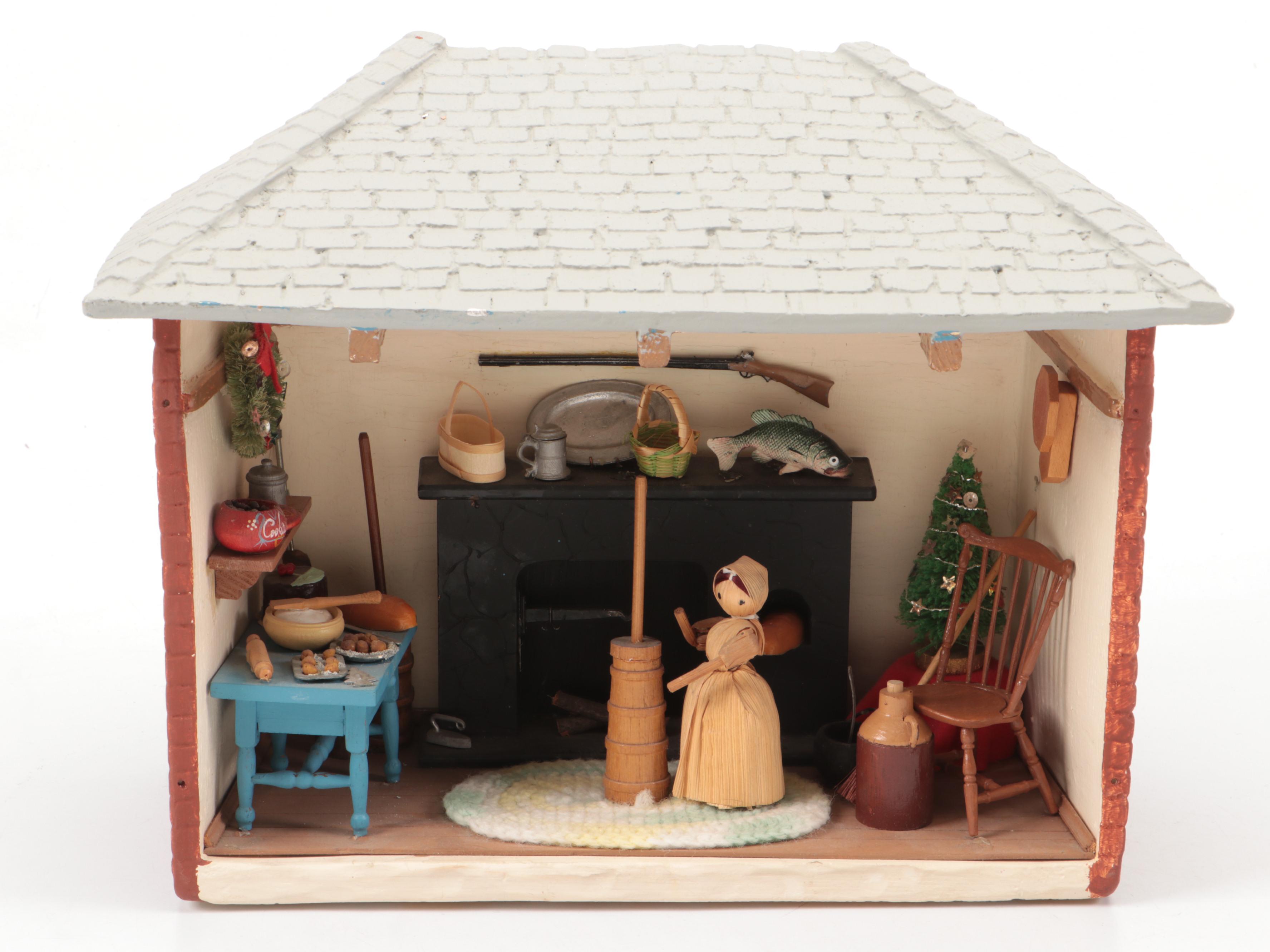 Hobbyist Hand-Crafted Halloween Witch and Amish Kitchen Theme Miniature Dioramas