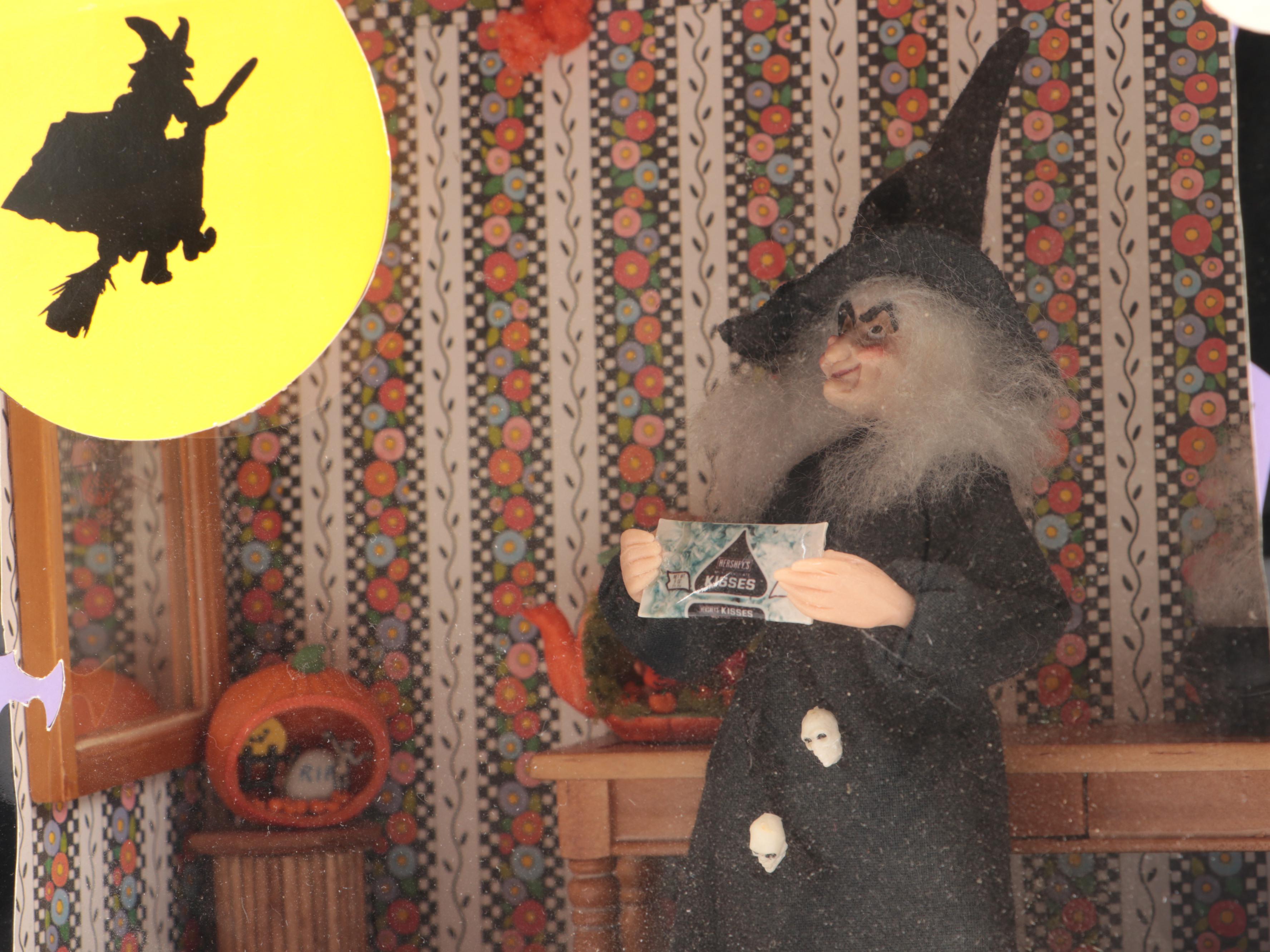 Hobbyist Hand-Crafted Halloween Witch and Amish Kitchen Theme Miniature Dioramas