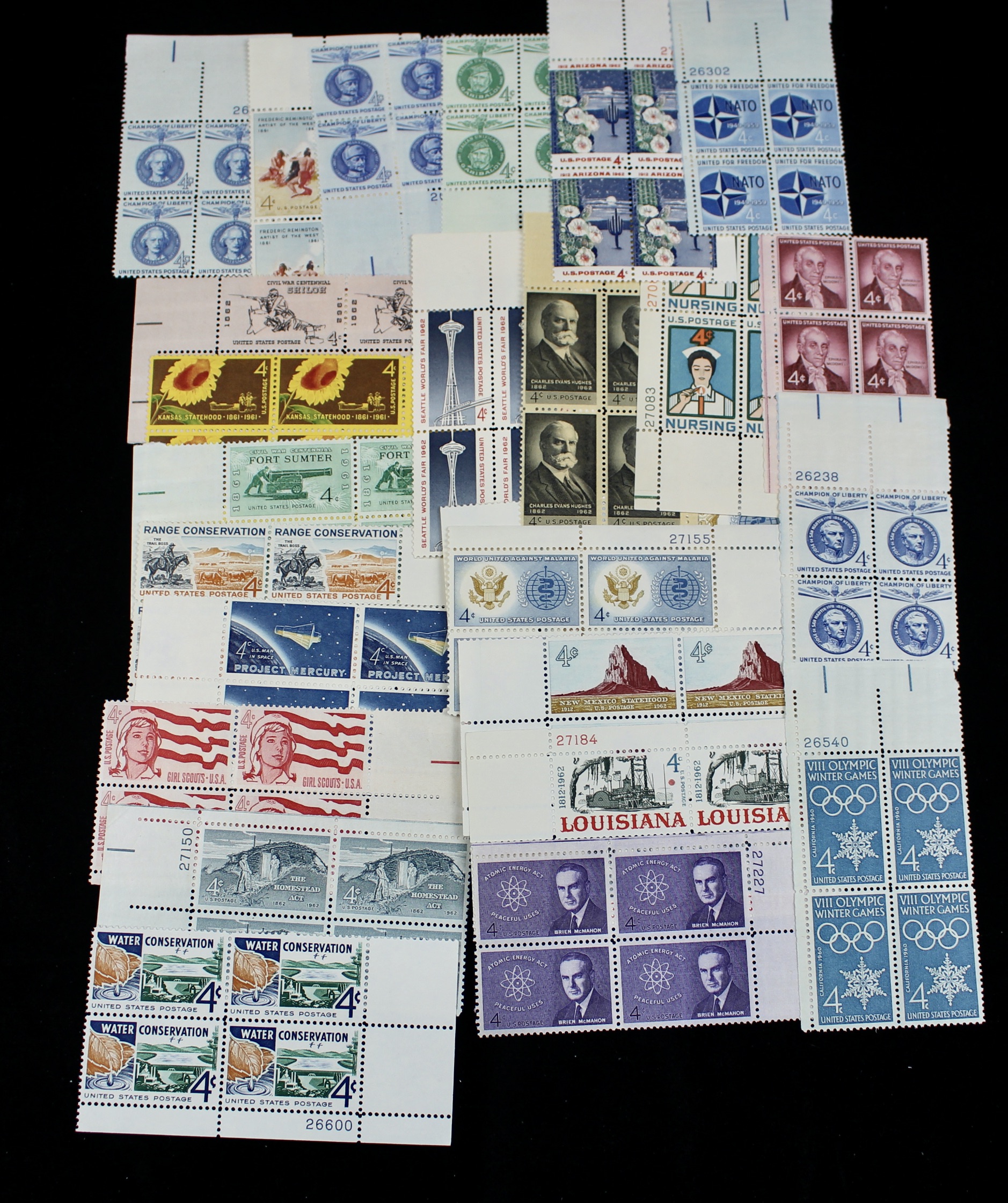 750 4-Cent U.S. Postage Stamp Plate Blocks, 1950s to 1960s