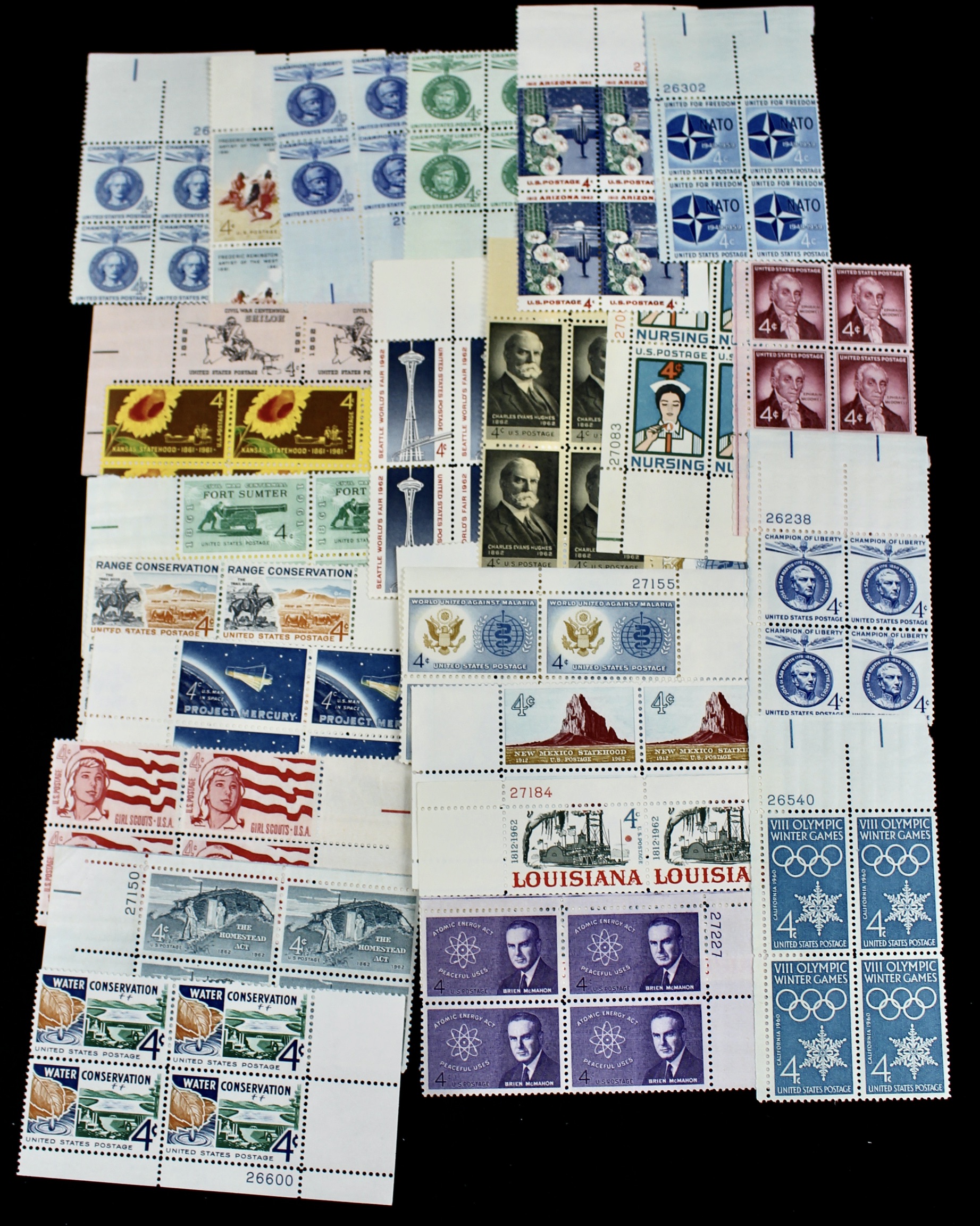 750 4-Cent U.S. Postage Stamp Plate Blocks, 1950s to 1960s