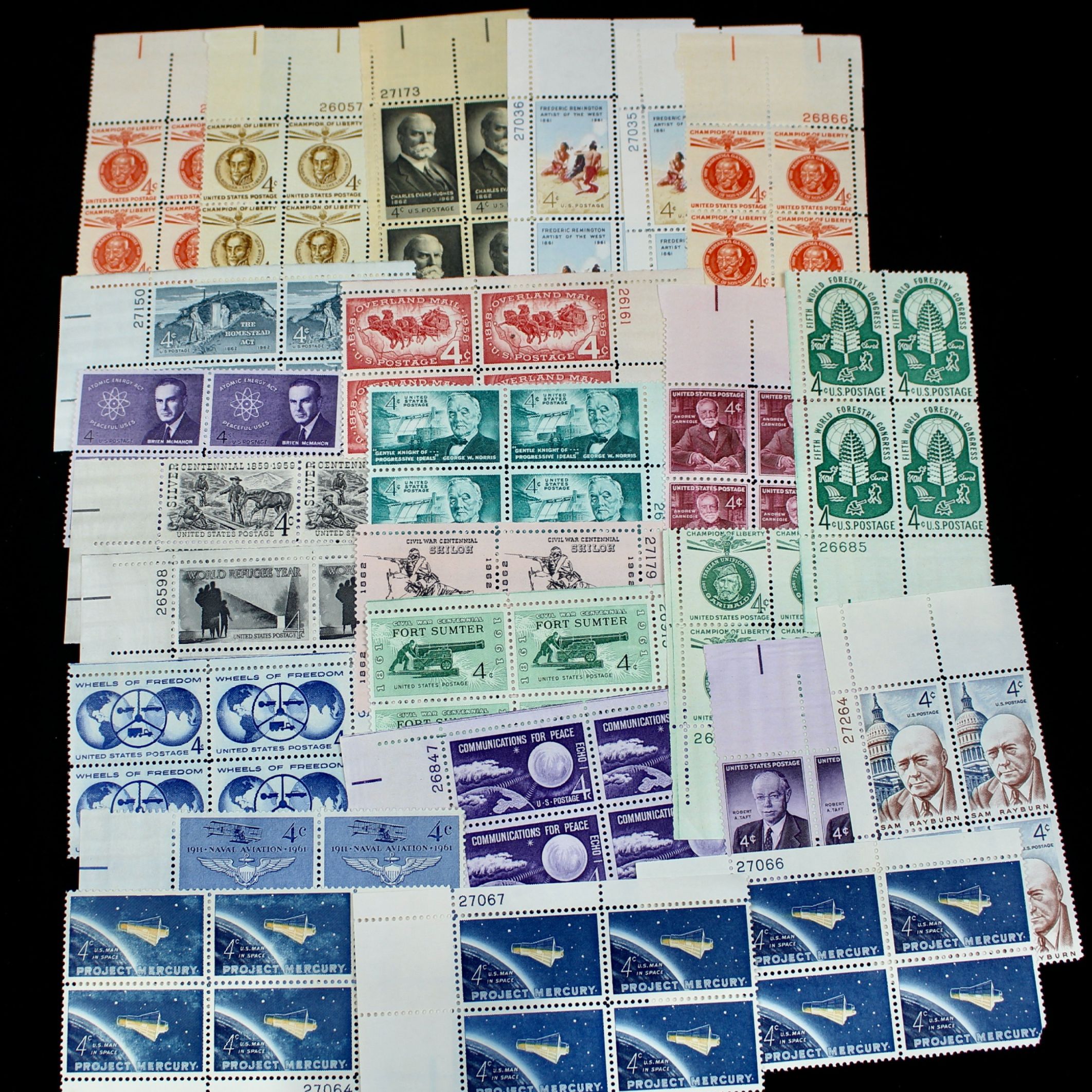 750 4-Cent U.S. Postage Stamp Plate Blocks, 1950s to 1960s