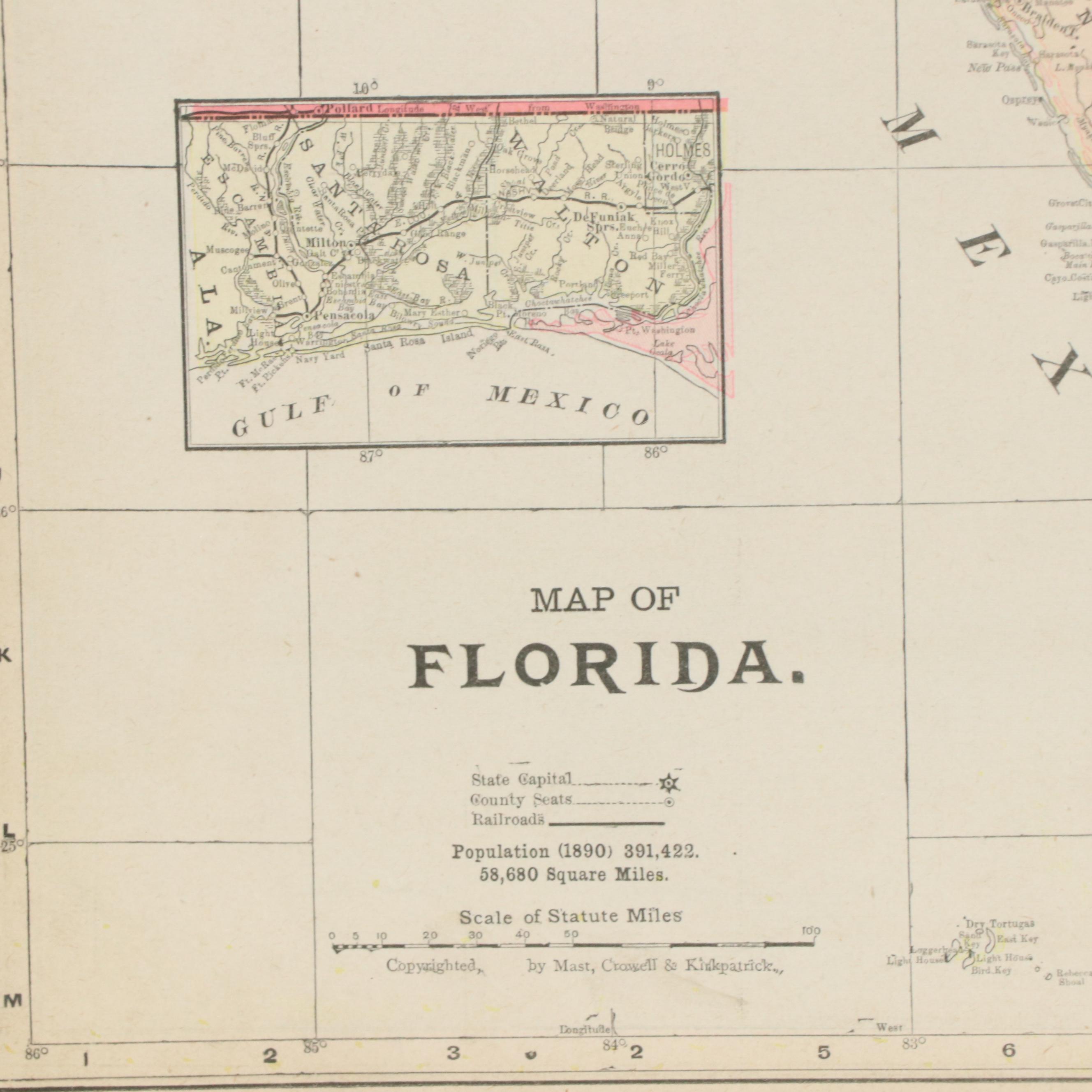 Hand-Colored Wax Engraving Map of Flordia