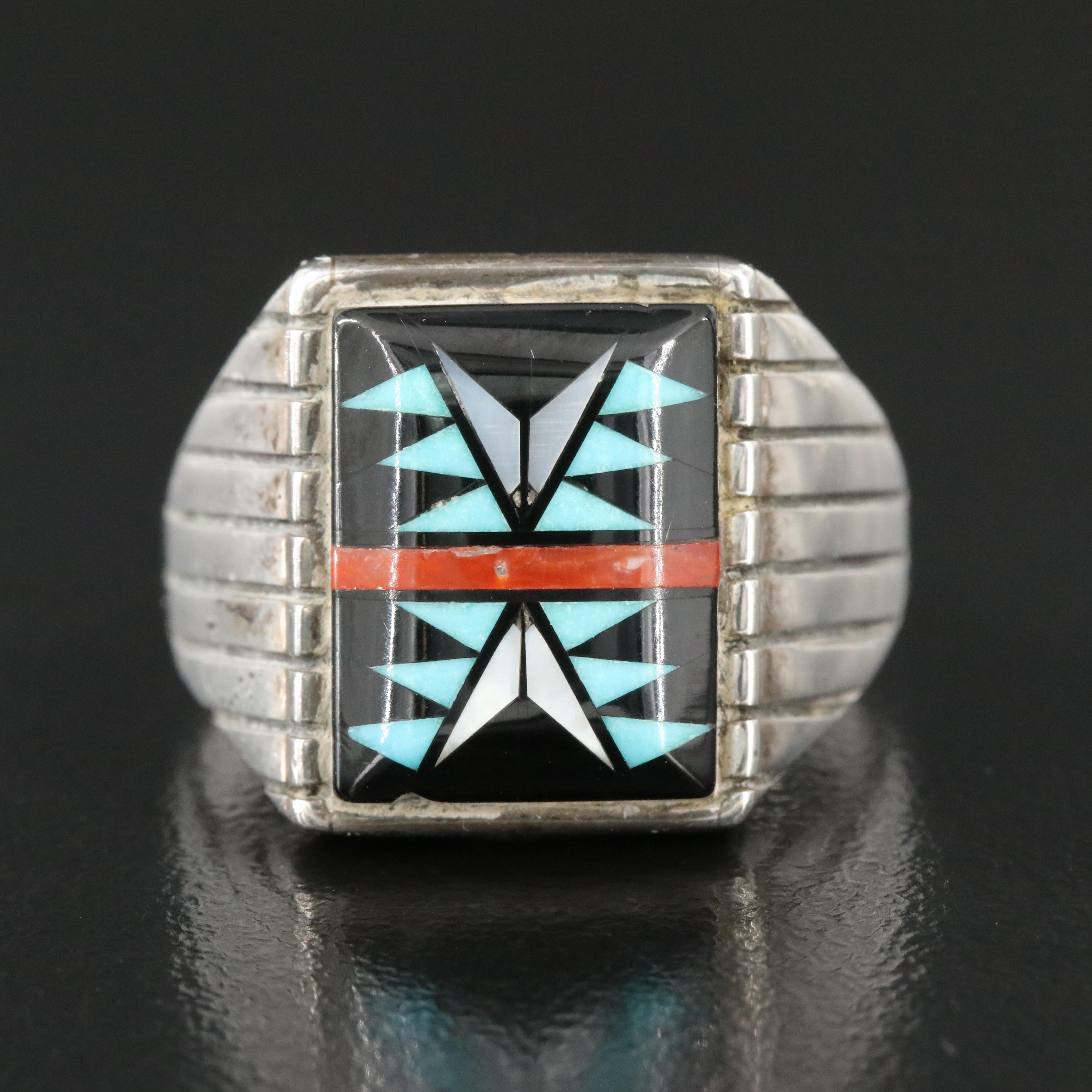 Sterling Inlay Ring Featuring Turquoise, Mother of Pearl, and Spiny Oyster