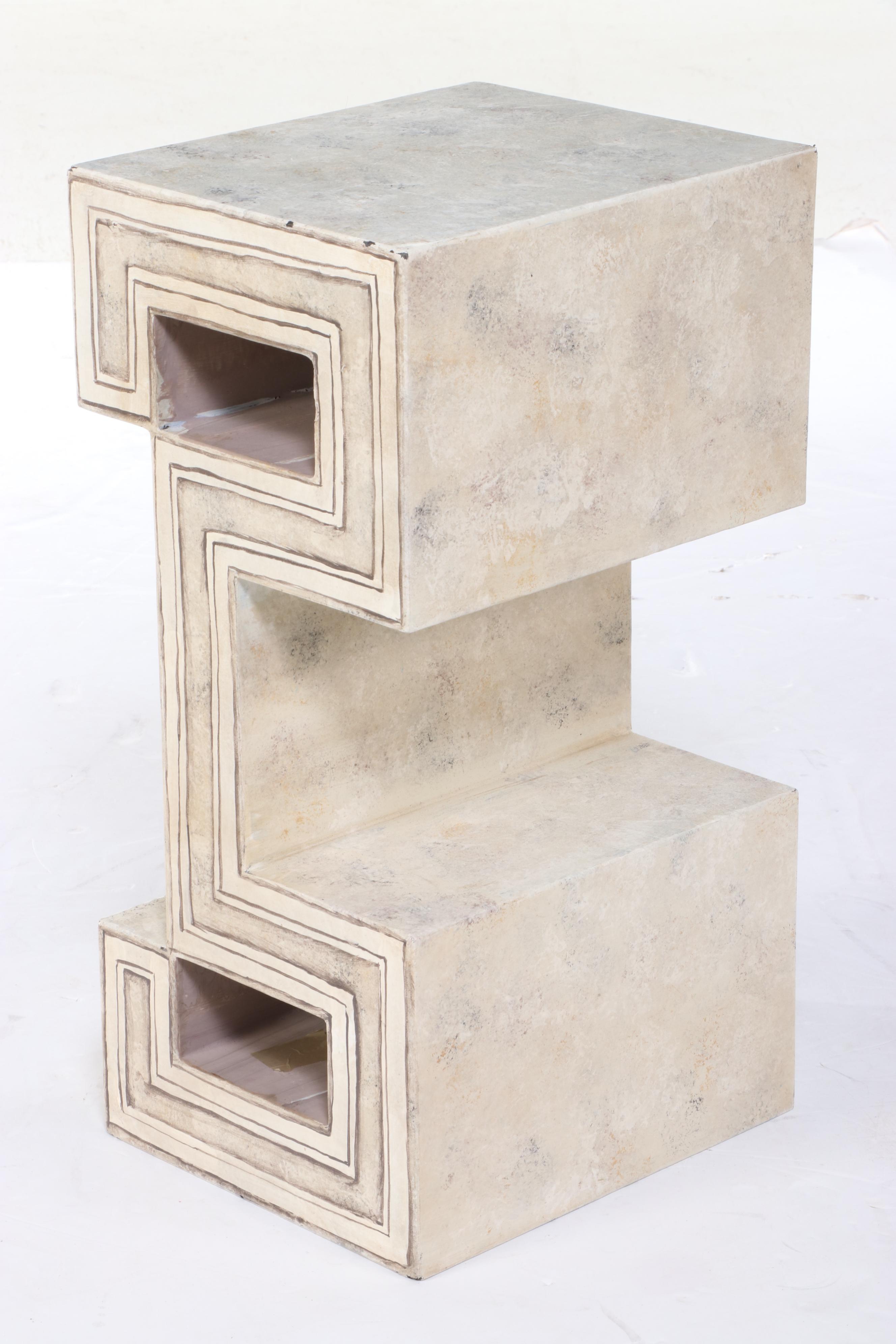 Contemporary Greek Key-Design Faux Marble Painted Accent Table