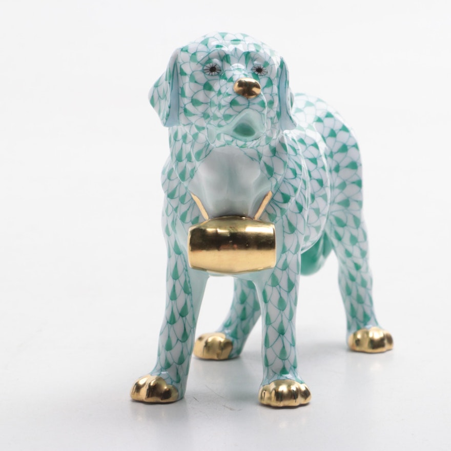 Herend Green Fishnet with Gold "St. Bernard" Porcelain Figurine, 2007