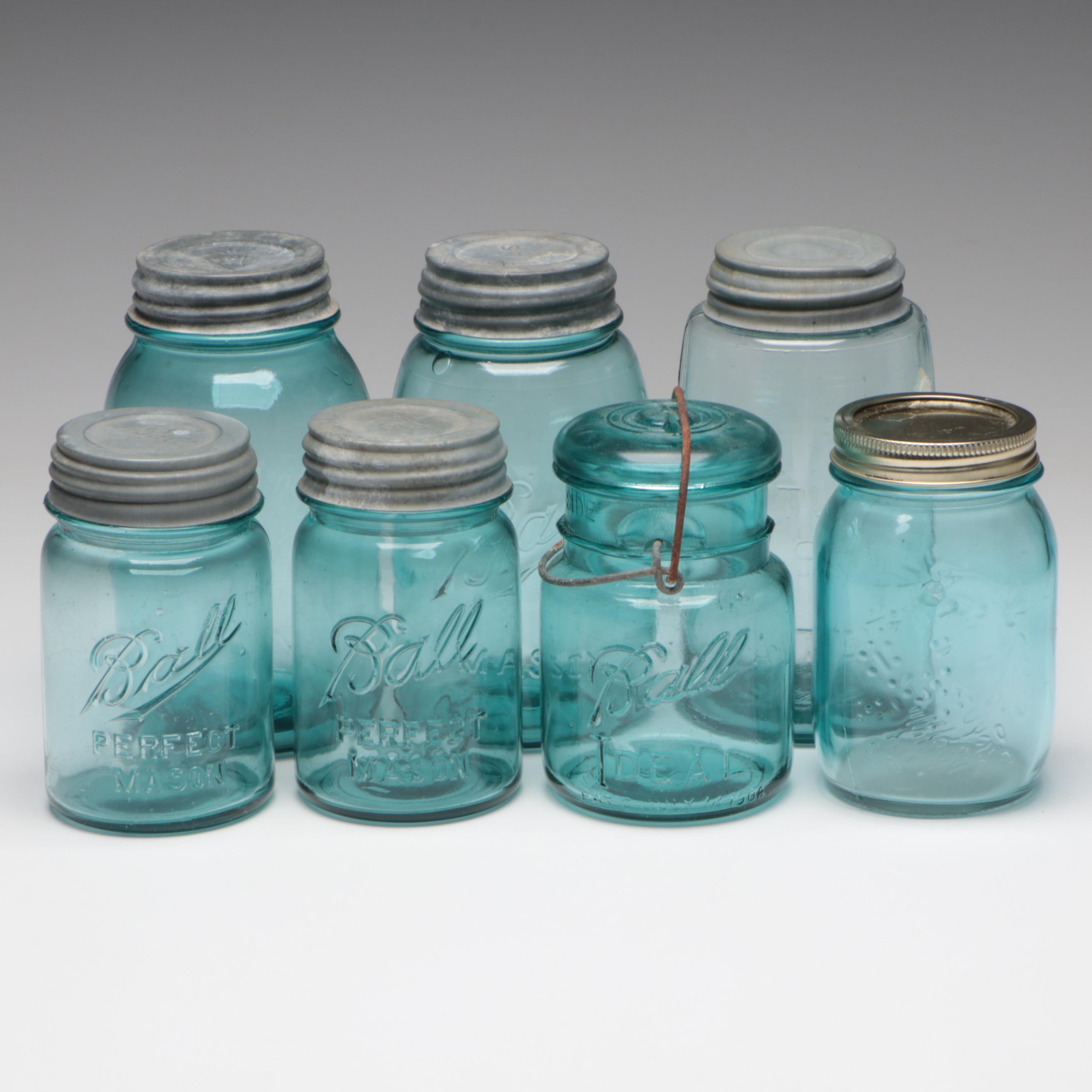Ball Mason and Atlas Blue Glass Canning Jars, Early to Mid-20th Century