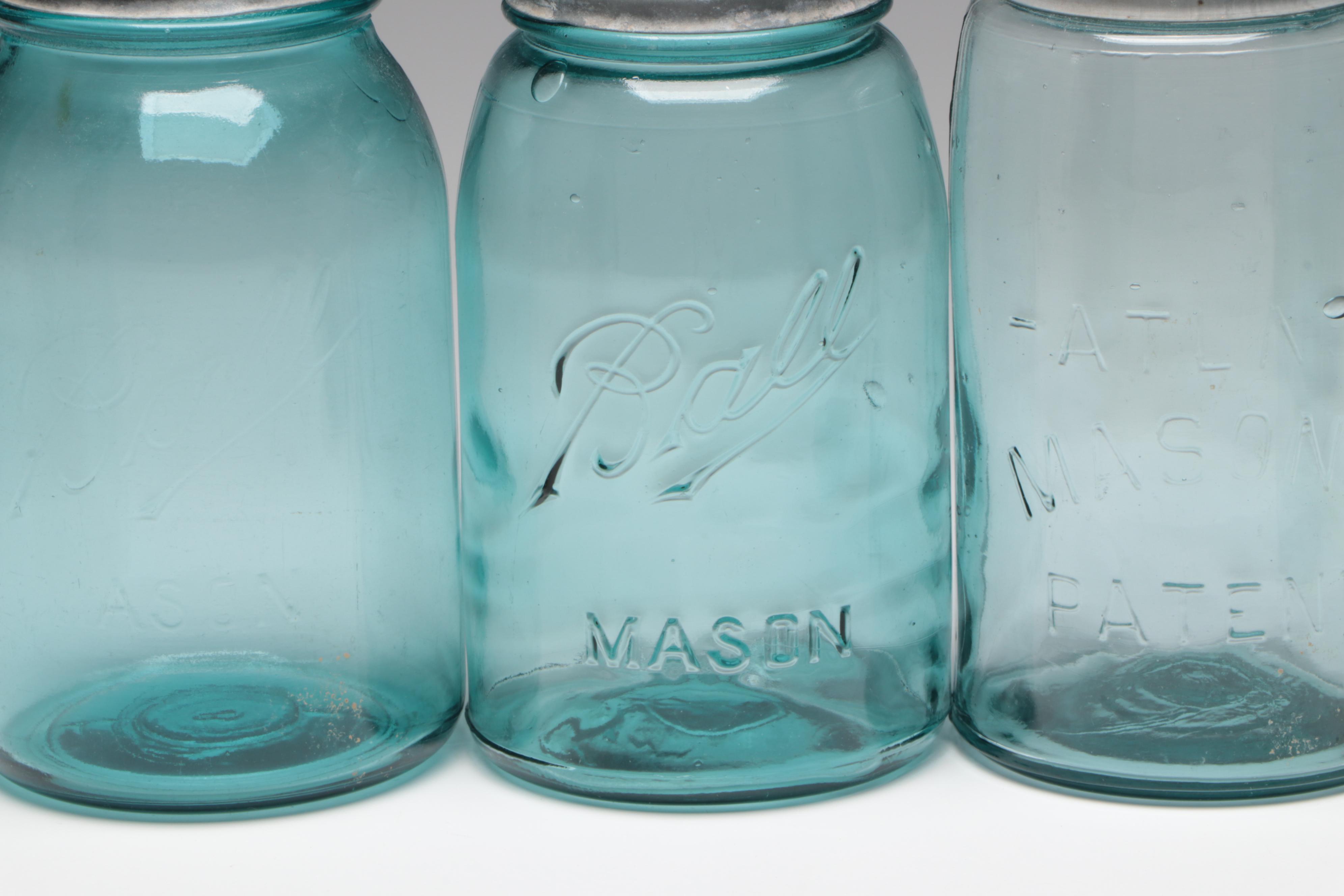 Ball Mason and Atlas Blue Glass Canning Jars, Early to Mid-20th Century
