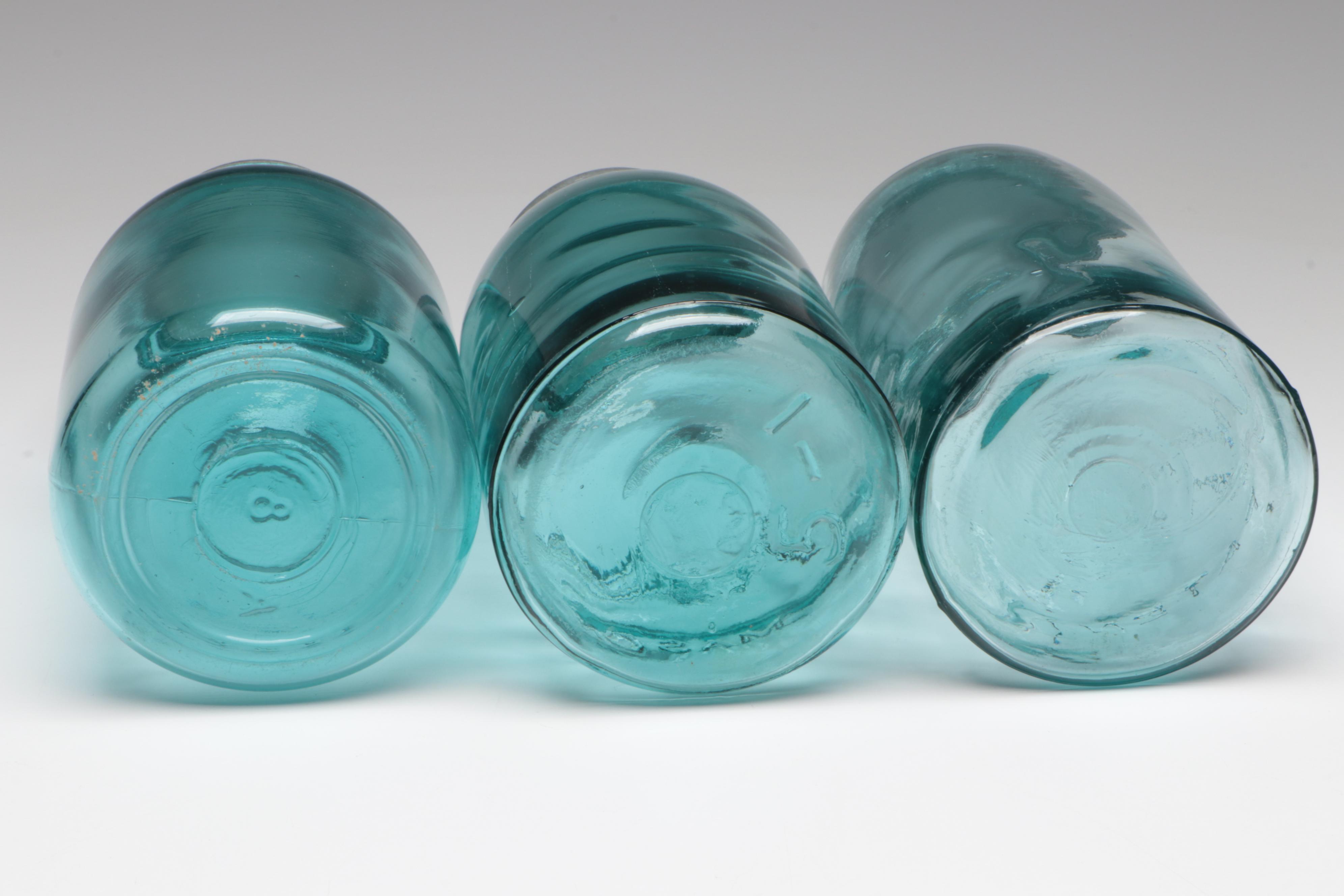 Ball Mason and Atlas Blue Glass Canning Jars, Early to Mid-20th Century