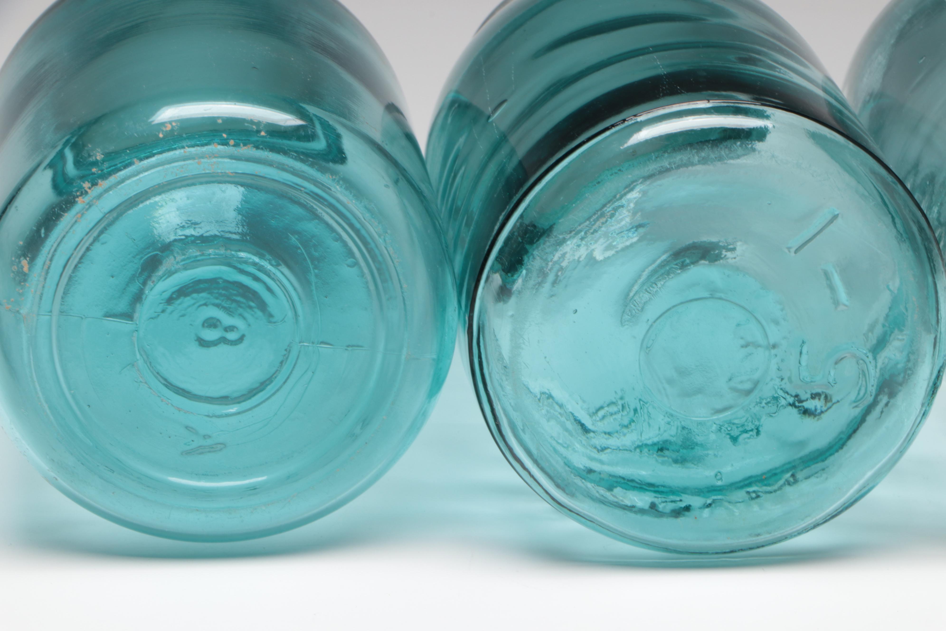 Ball Mason and Atlas Blue Glass Canning Jars, Early to Mid-20th Century