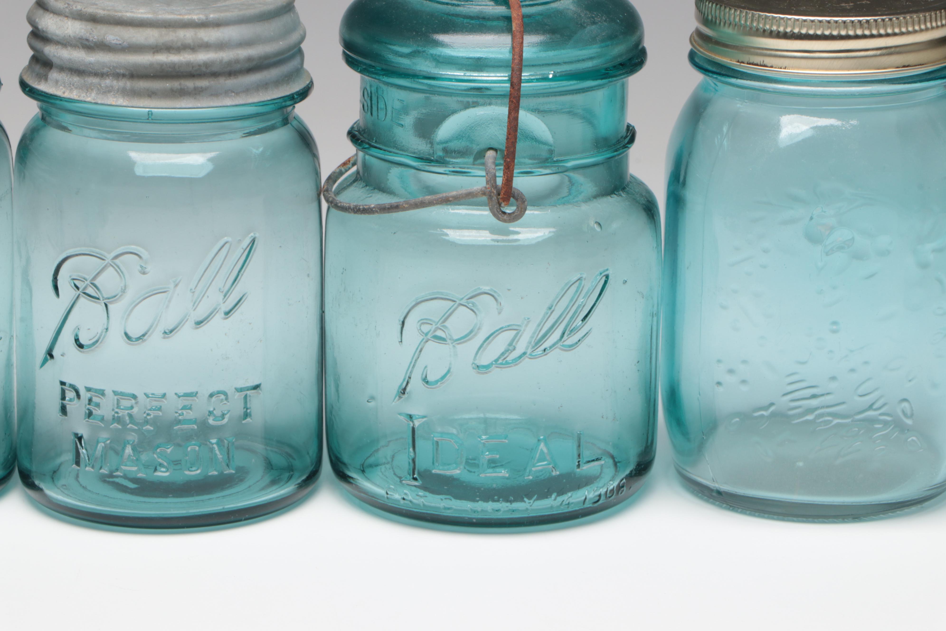 Ball Mason and Atlas Blue Glass Canning Jars, Early to Mid-20th Century
