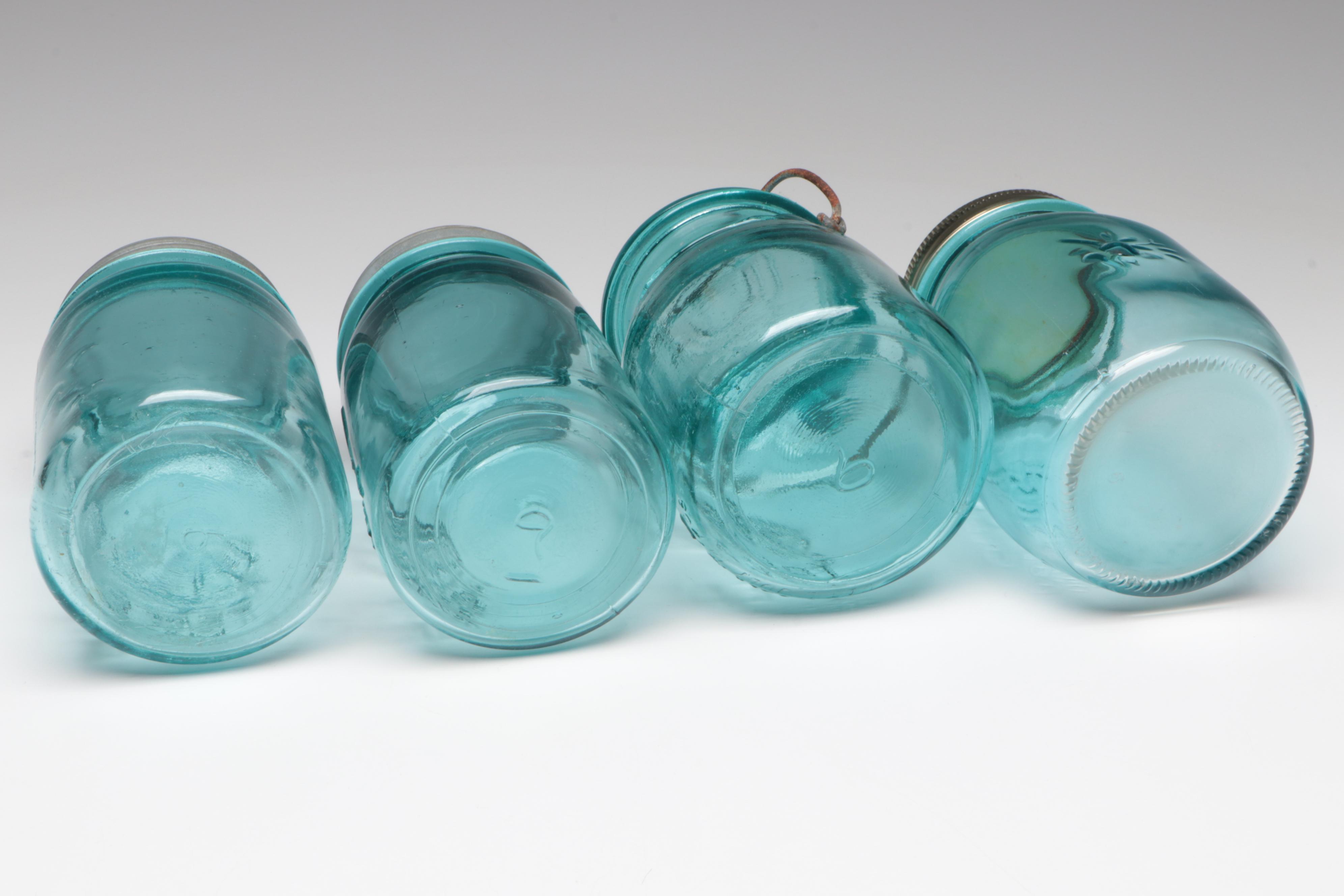 Ball Mason and Atlas Blue Glass Canning Jars, Early to Mid-20th Century