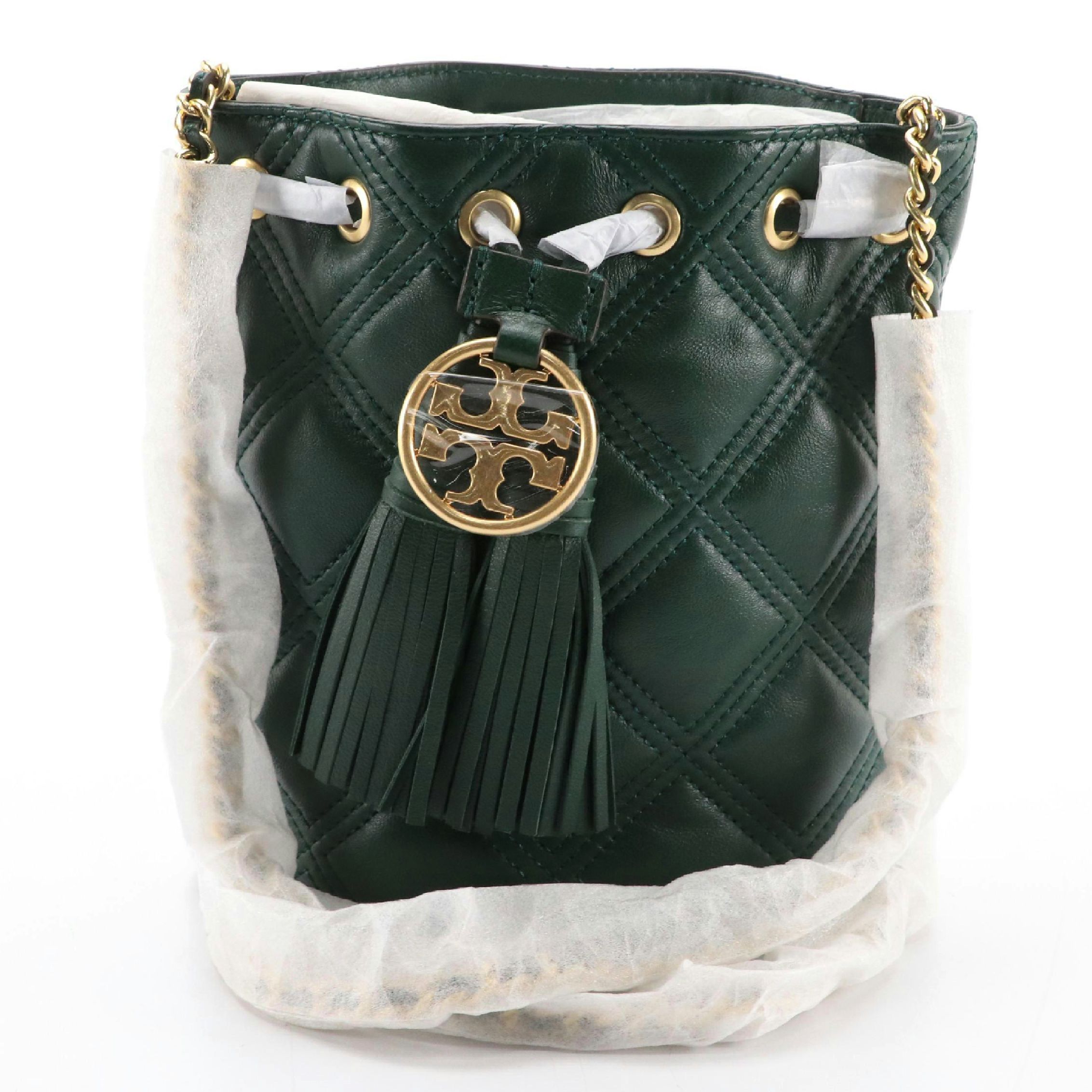 Tory Burch Fleming Mini Drawstring Bucket Bag in Pine Tree Leather, New With Tag