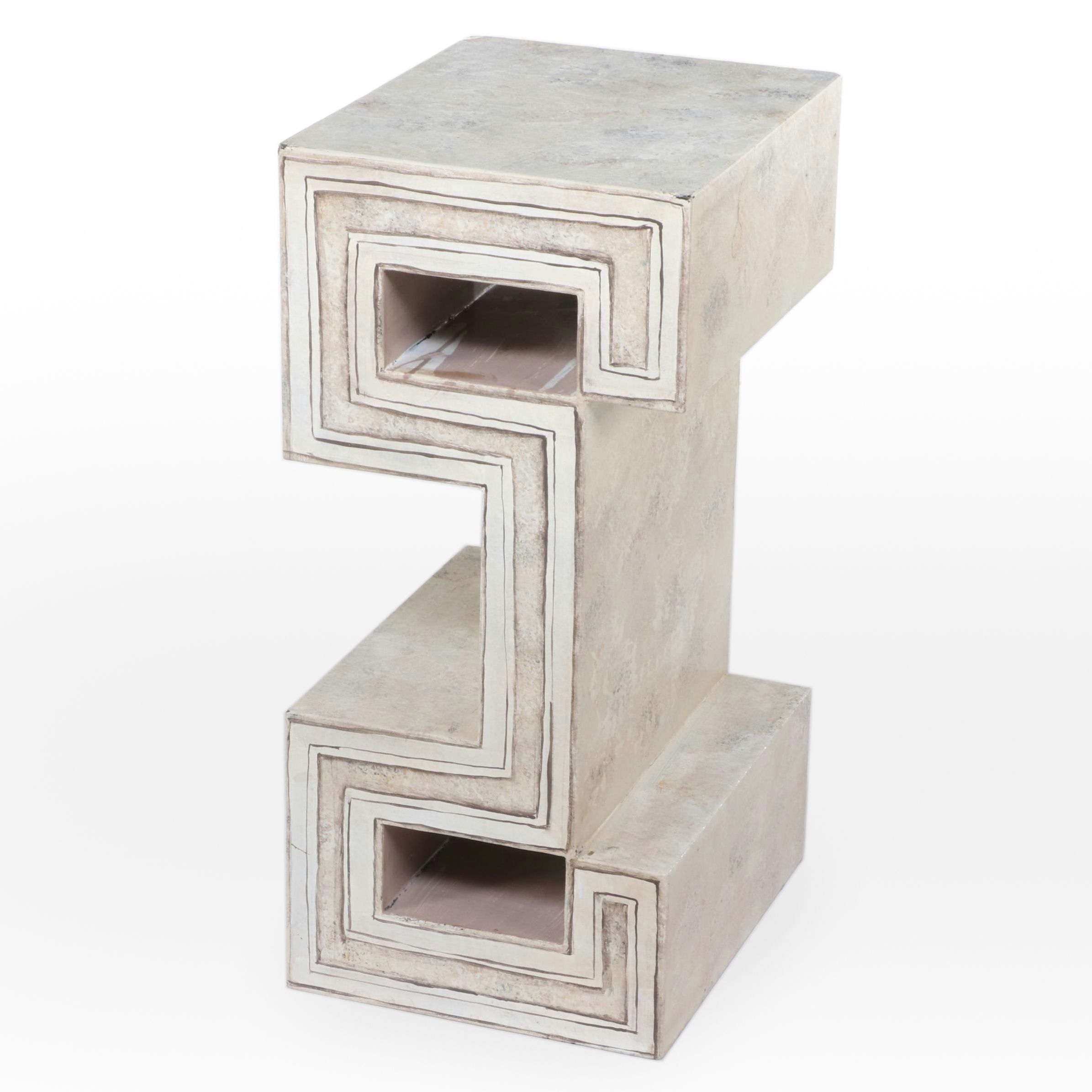 Contemporary Greek Key-Design Faux Marble Painted Accent Table