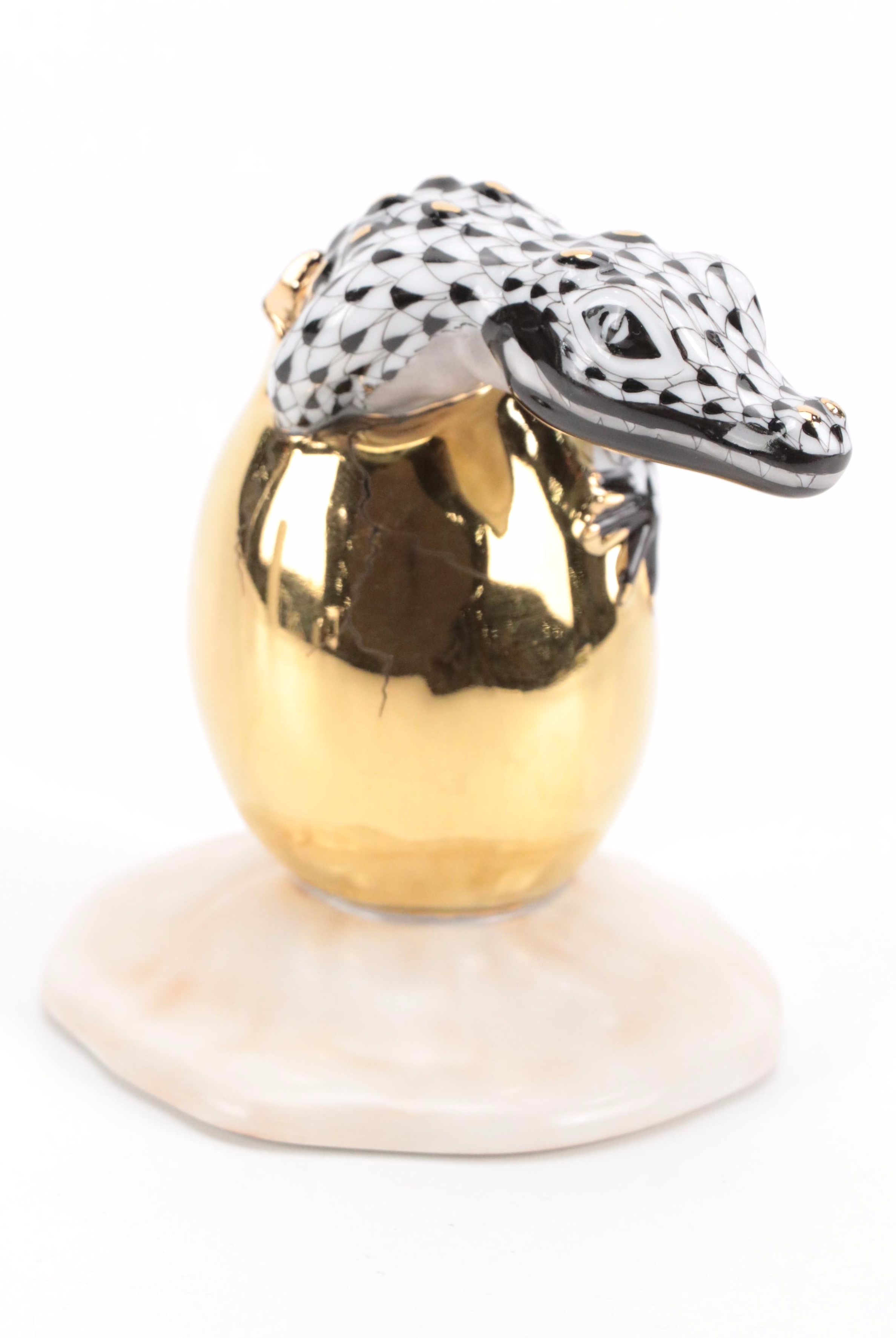 Herend Black Fishnet with Gold "Hatching Crocodile Baby" Porcelain Figurine