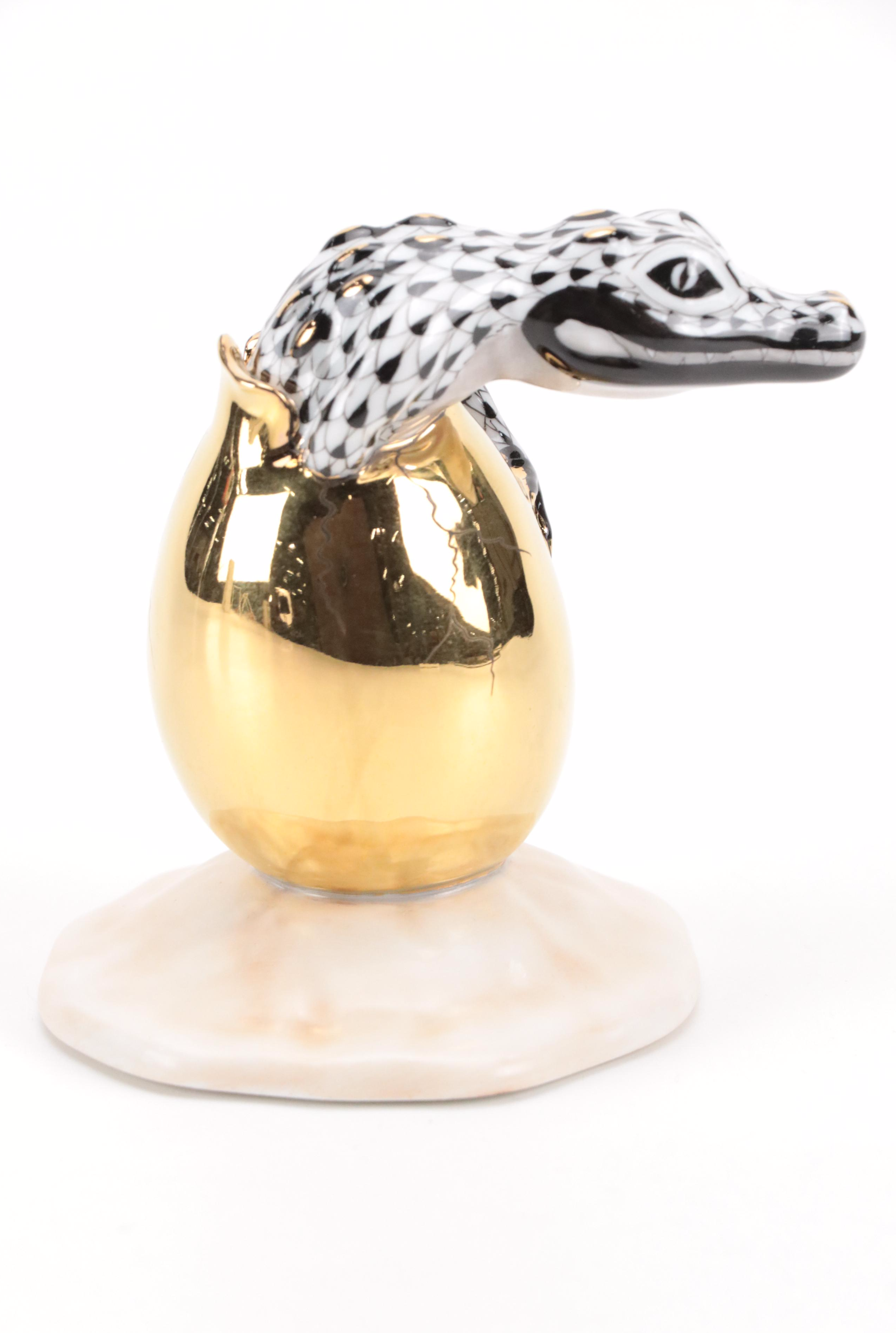 Herend Black Fishnet with Gold "Hatching Crocodile Baby" Porcelain Figurine