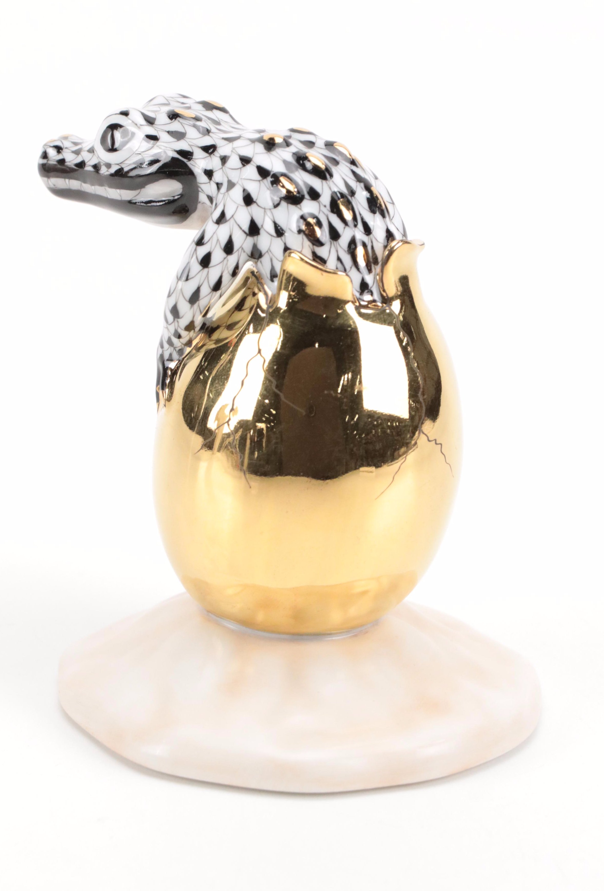 Herend Black Fishnet with Gold "Hatching Crocodile Baby" Porcelain Figurine