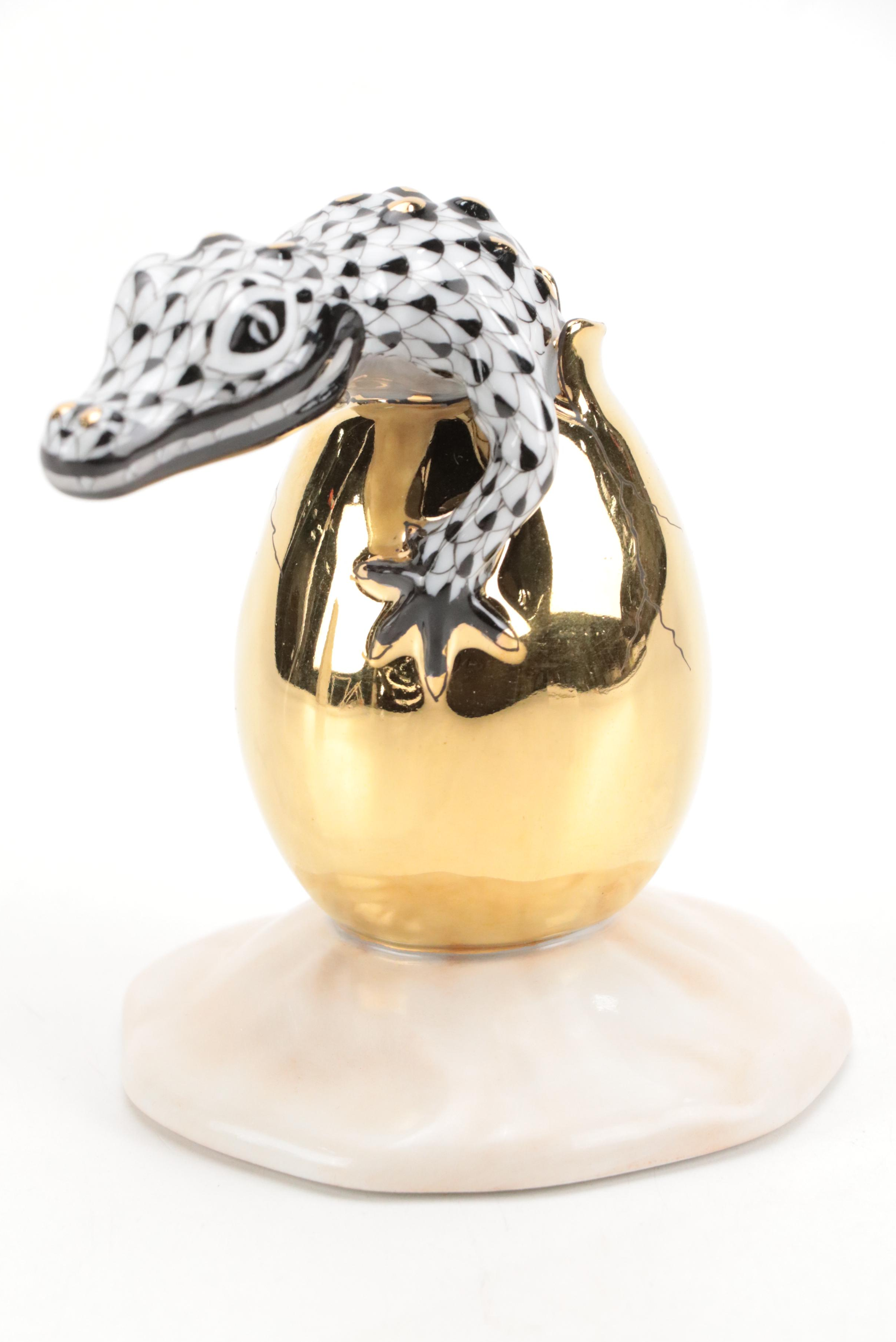 Herend Black Fishnet with Gold "Hatching Crocodile Baby" Porcelain Figurine