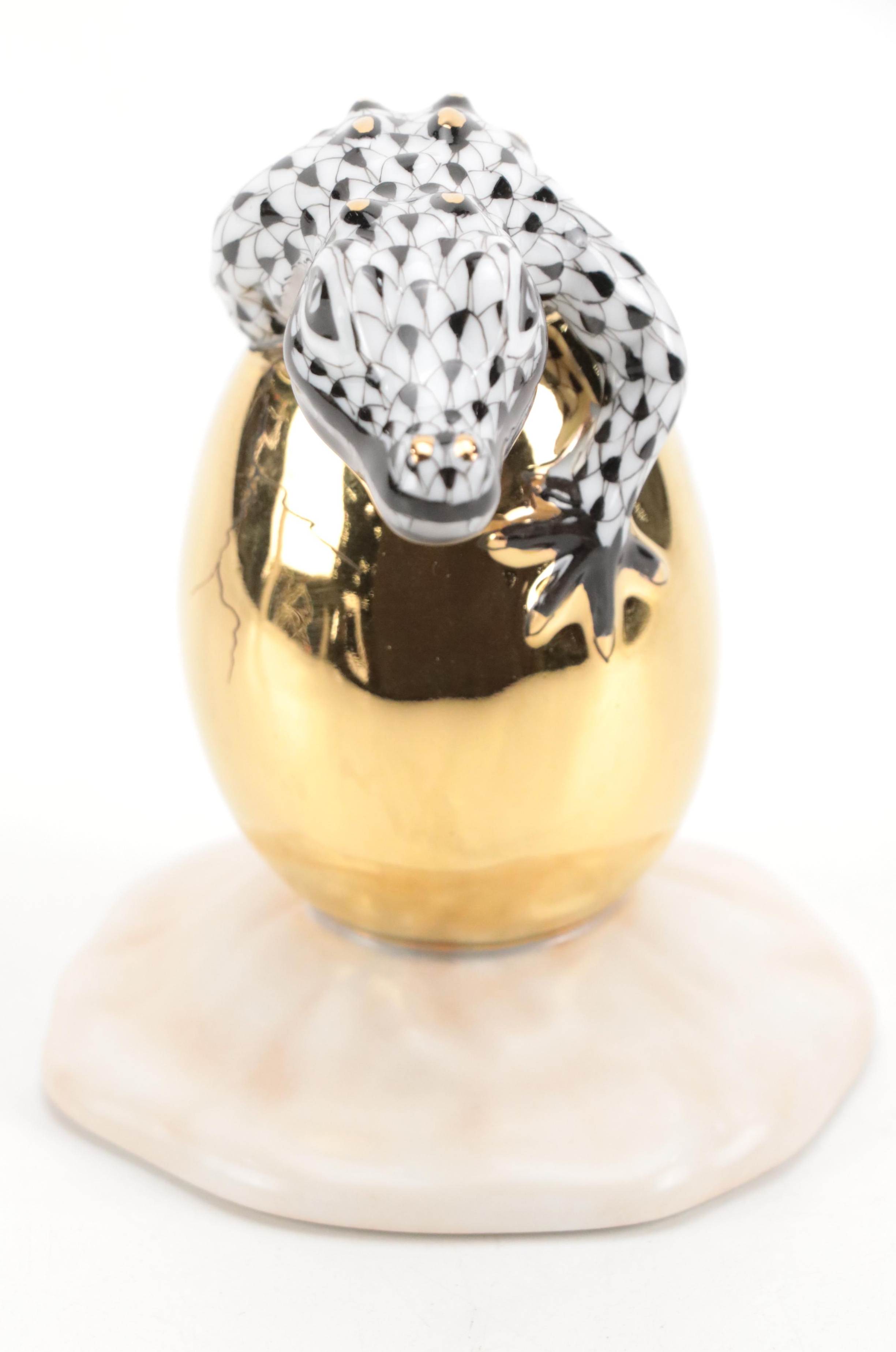 Herend Black Fishnet with Gold "Hatching Crocodile Baby" Porcelain Figurine