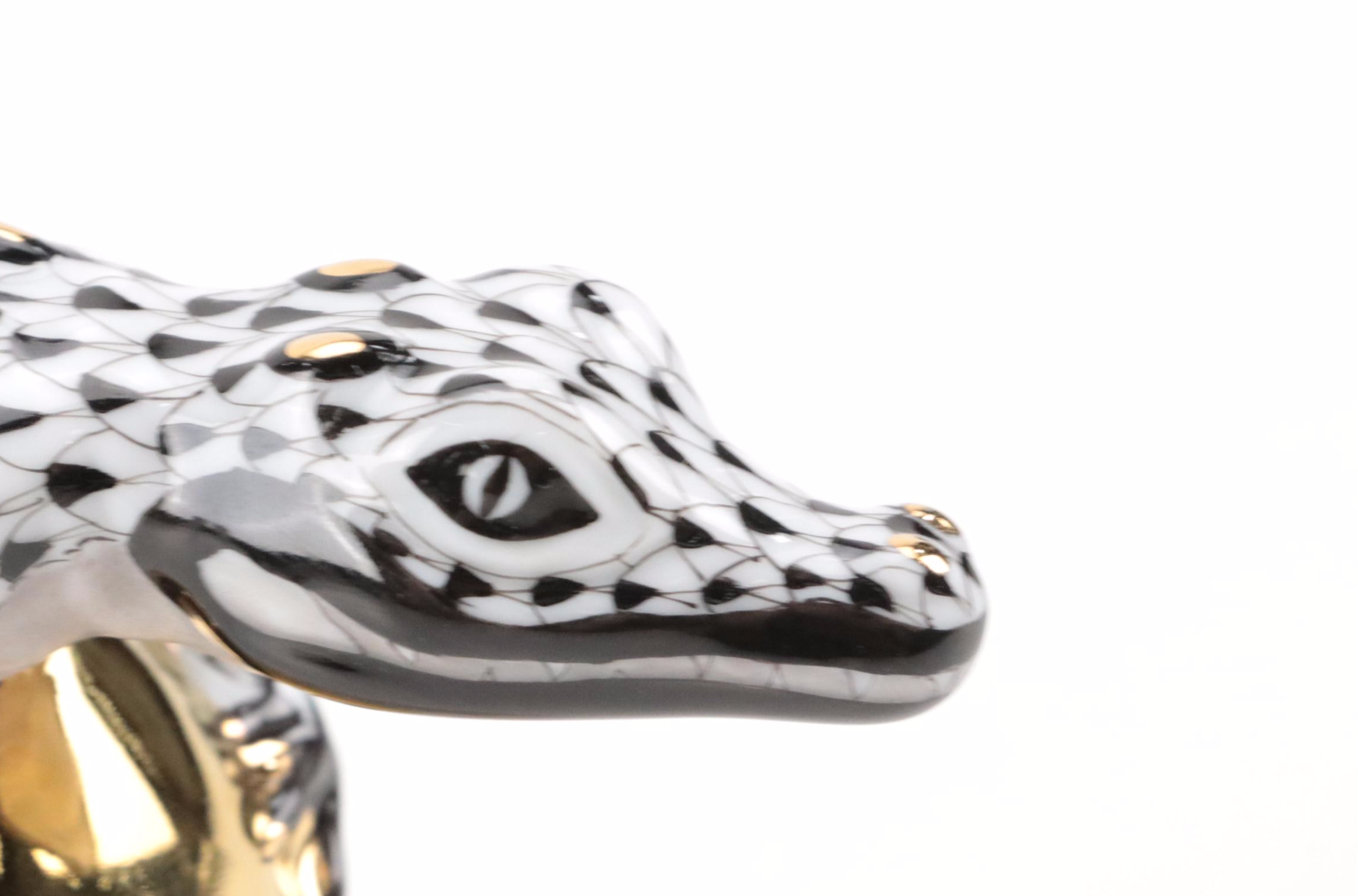 Herend Black Fishnet with Gold "Hatching Crocodile Baby" Porcelain Figurine