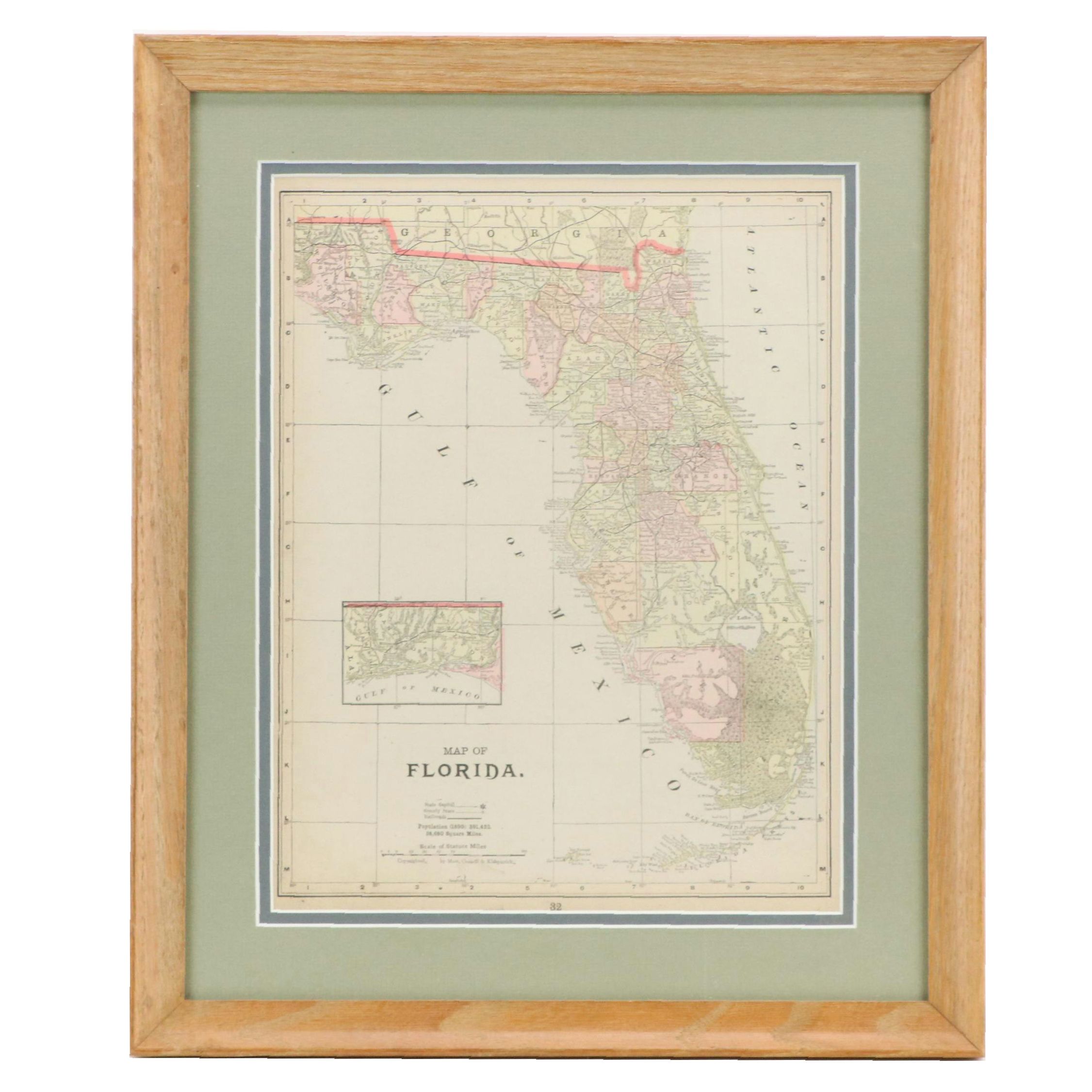 Hand-Colored Wax Engraving Map of Flordia