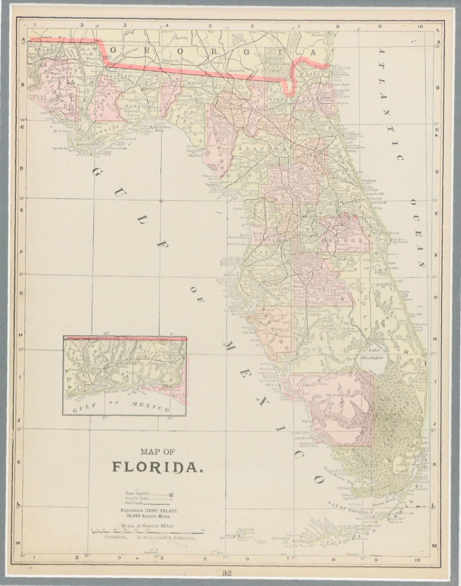 Hand-Colored Wax Engraving Map of Flordia