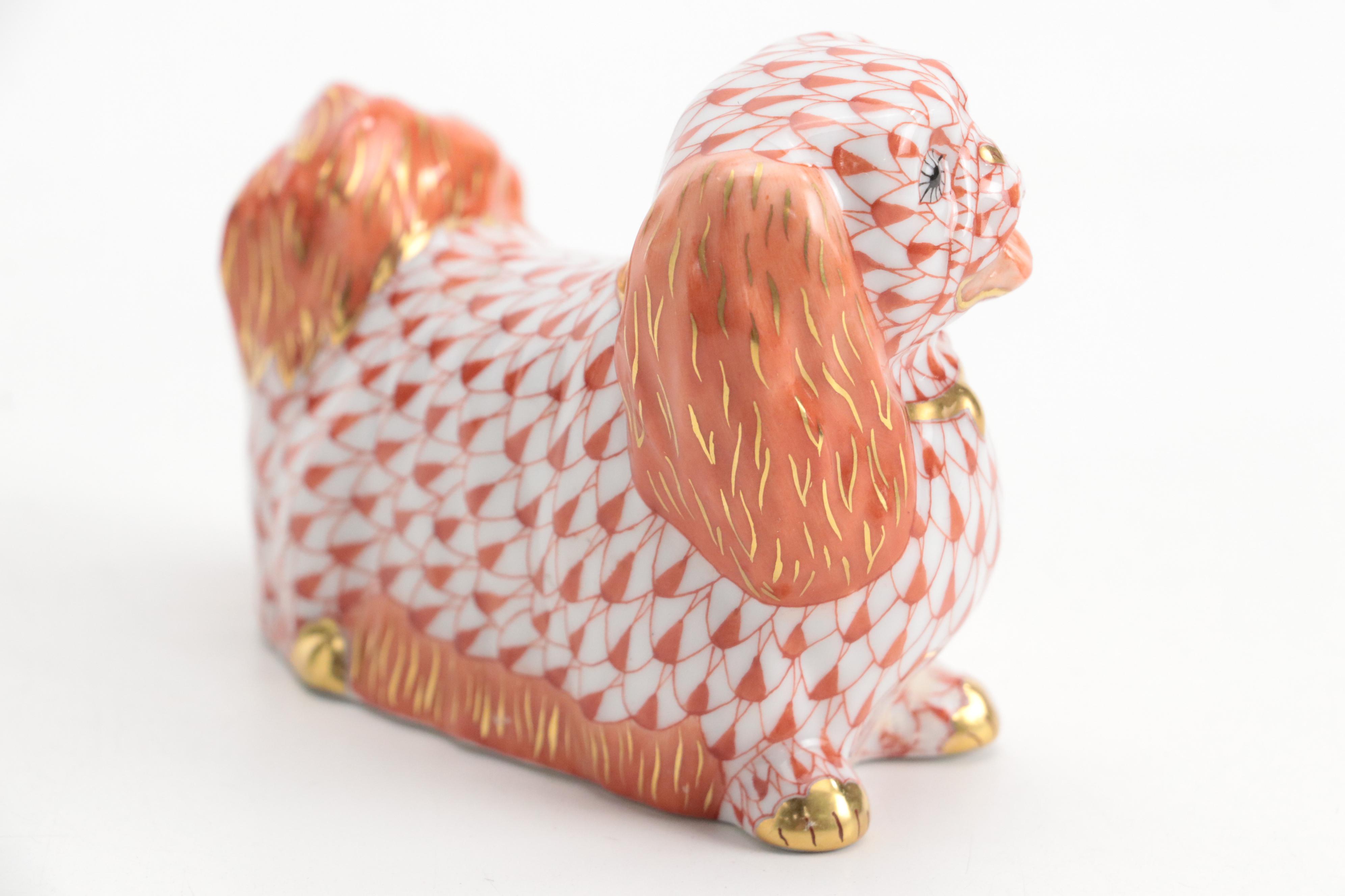 Herend Rust Fishnet with Gold "Pekingese" Porcelain Figurine