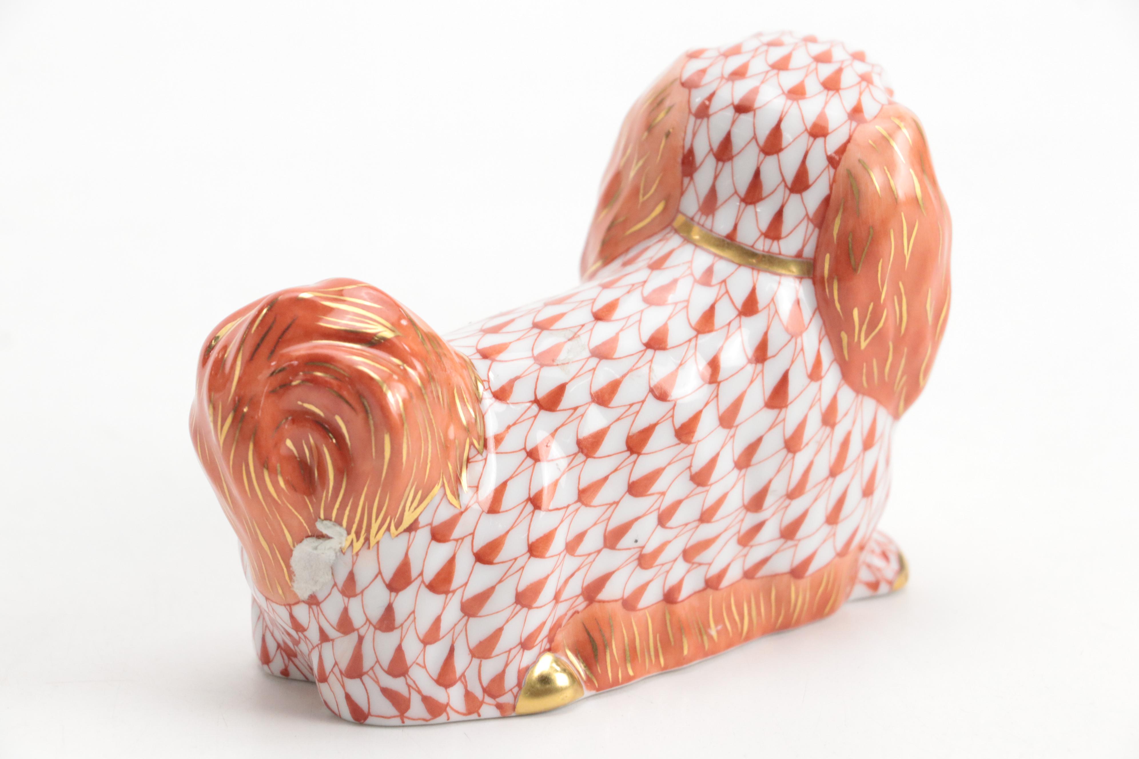 Herend Rust Fishnet with Gold "Pekingese" Porcelain Figurine