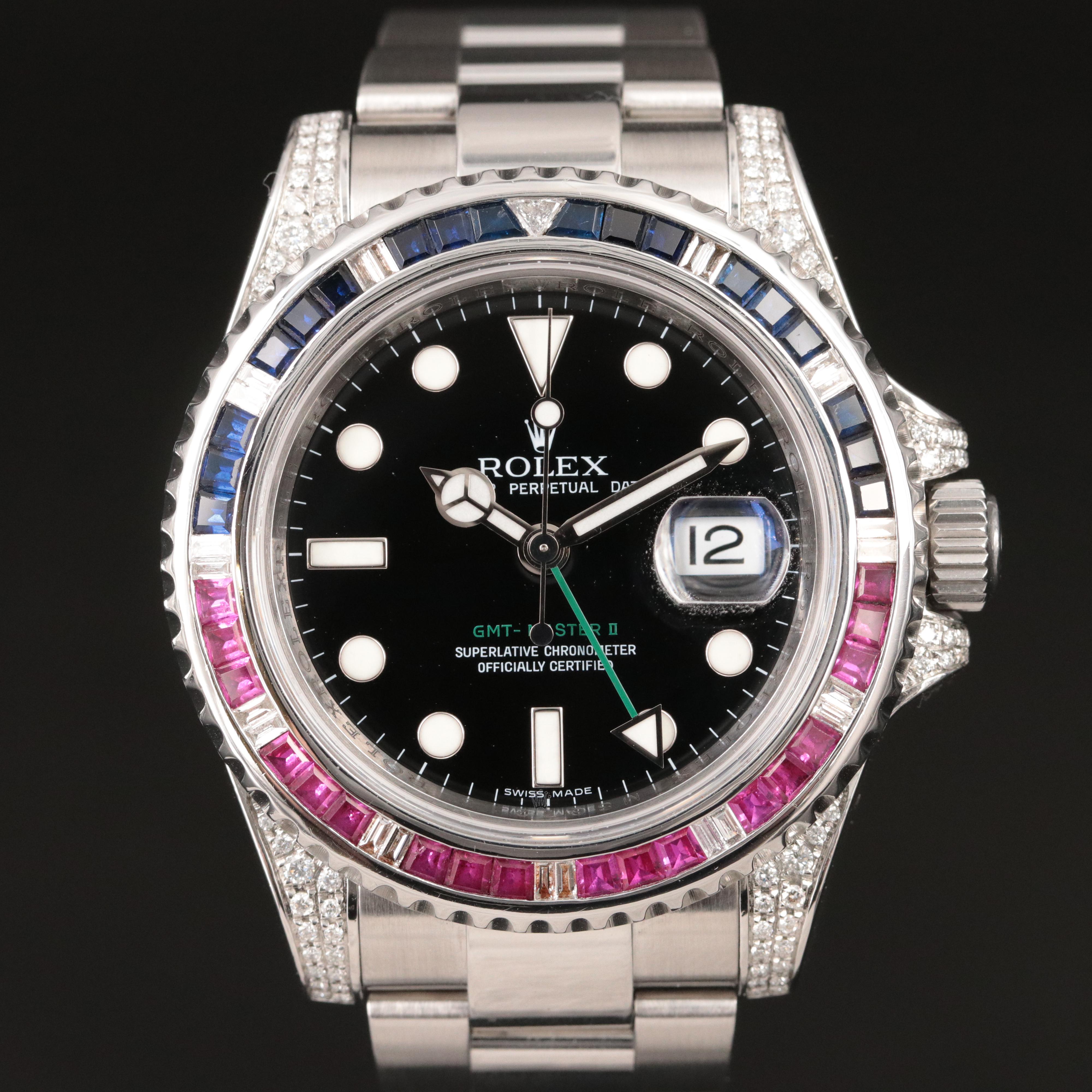 Rolex GMT Master II Steel Black Custom Diamond Baguettes Automatic Watch