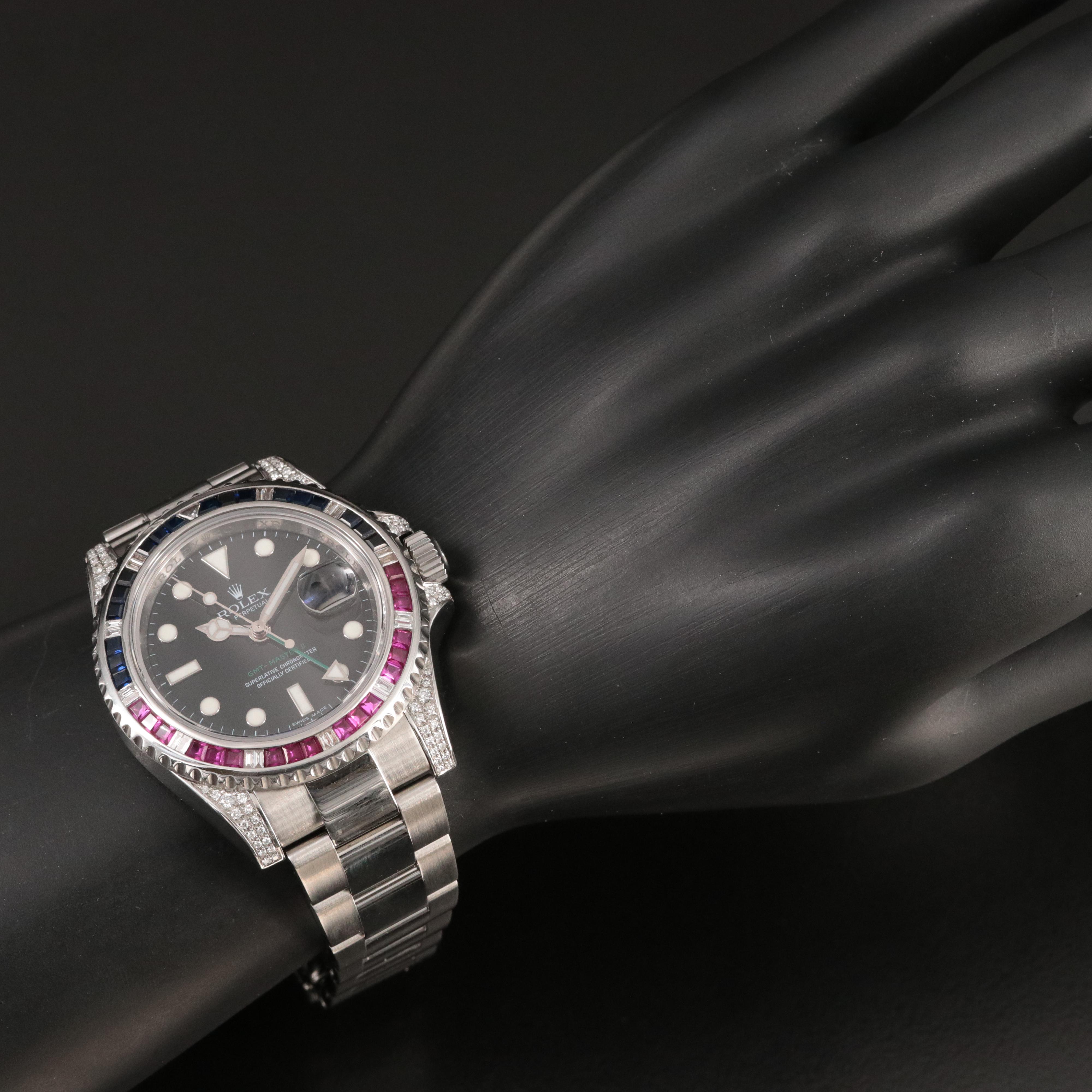 Rolex GMT Master II Steel Black Custom Diamond Baguettes Automatic Watch