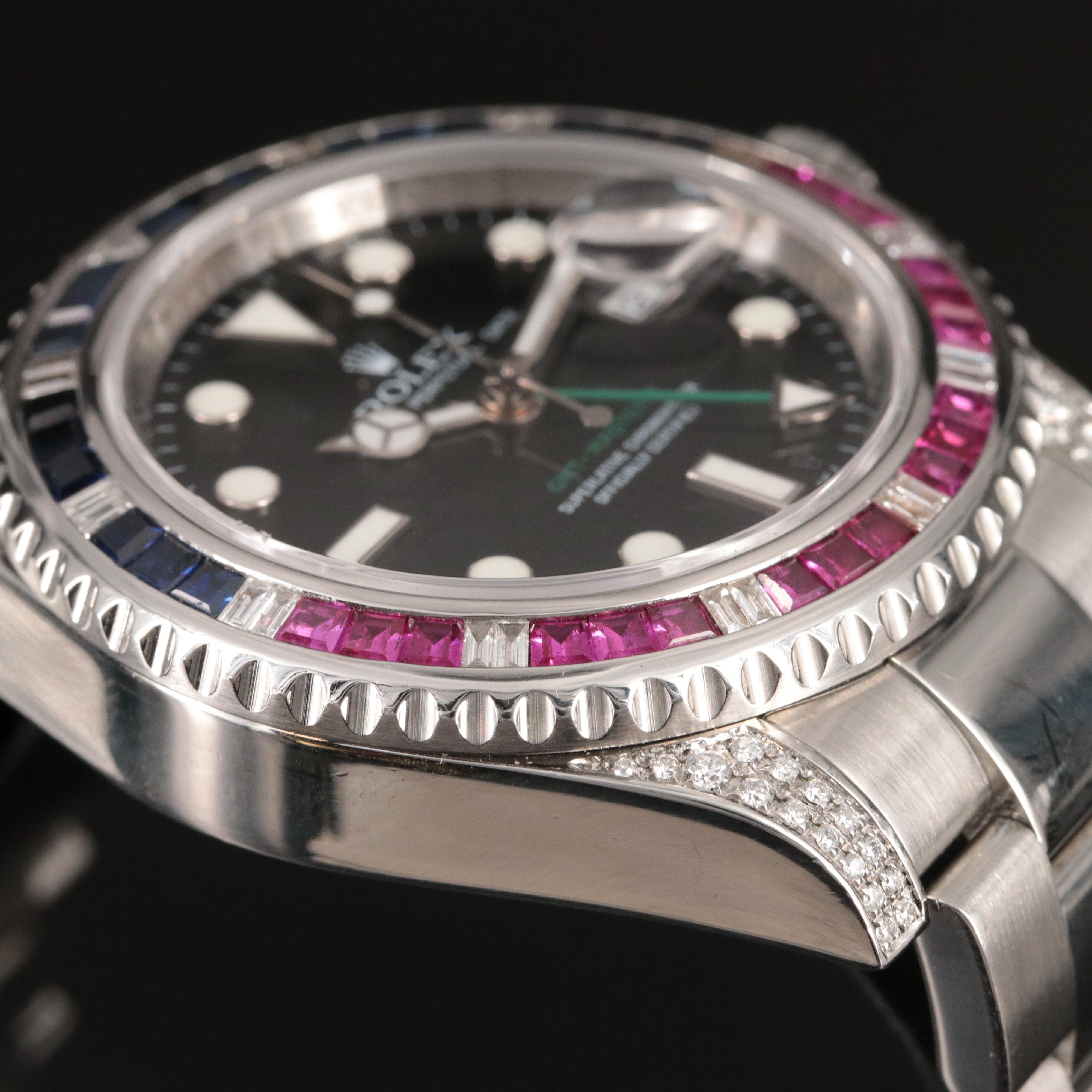 Rolex GMT Master II Steel Black Custom Diamond Baguettes Automatic Watch