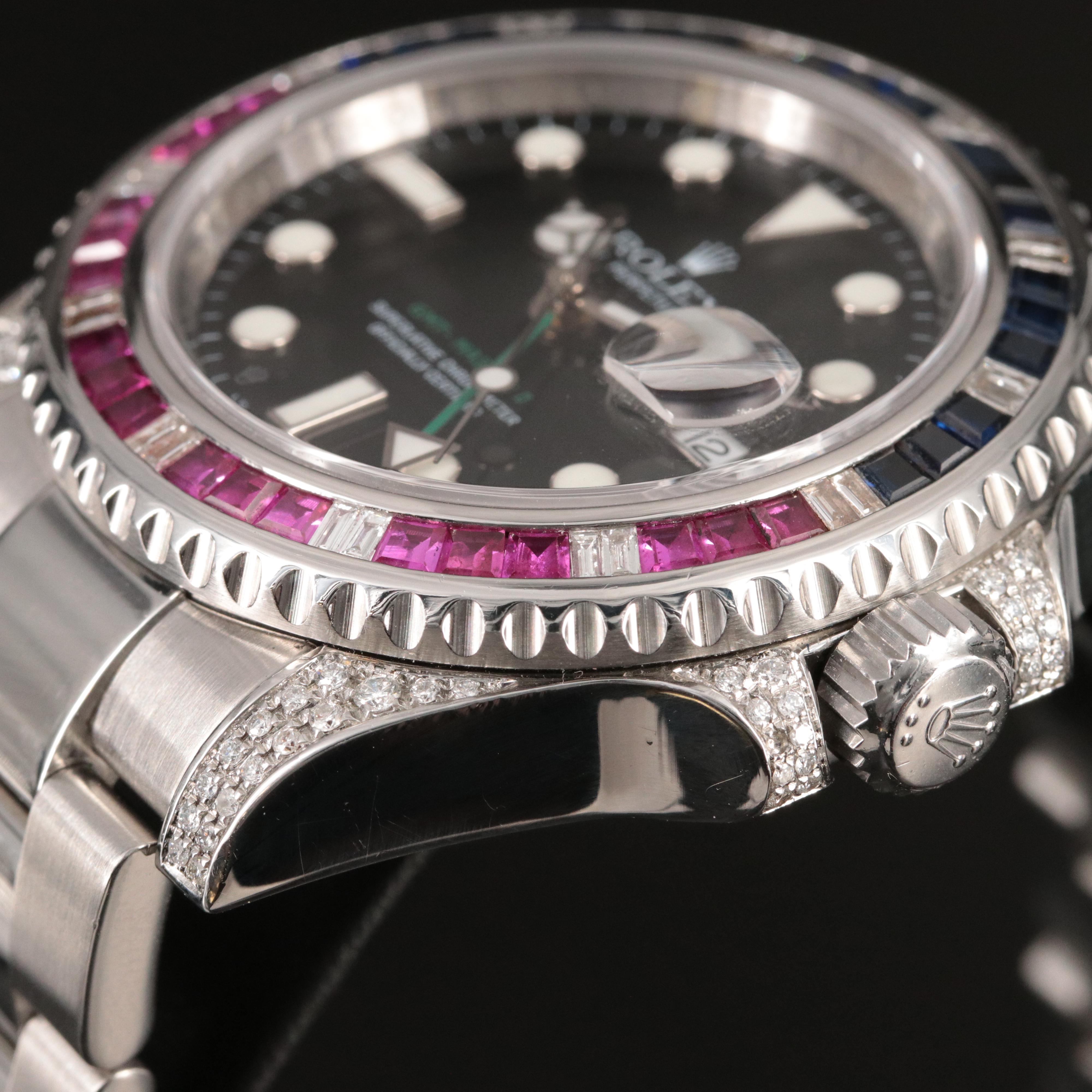 Rolex GMT Master II Steel Black Custom Diamond Baguettes Automatic Watch