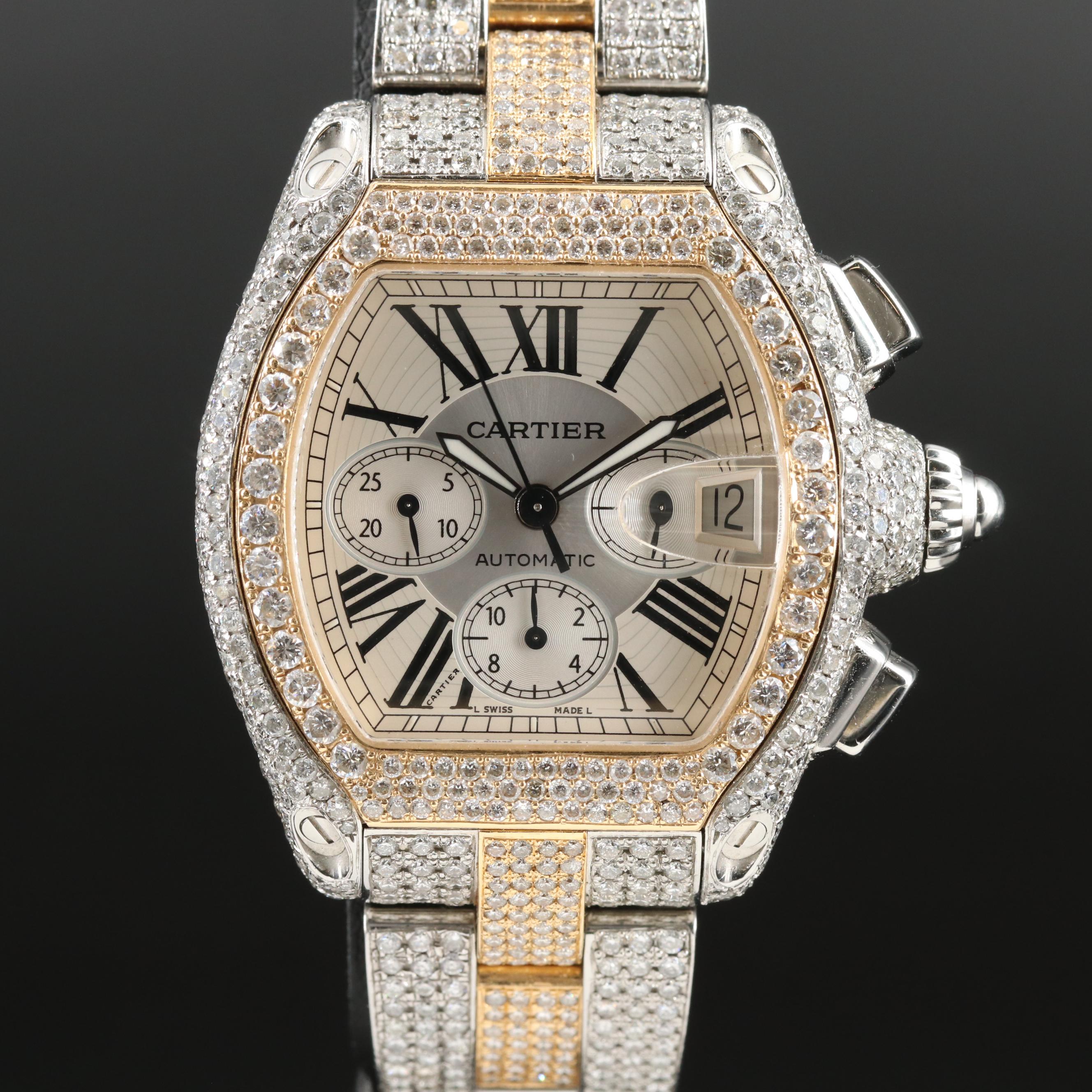 Cartier Roadster 17.69 CTW Custom Diamond Chronograph Watch