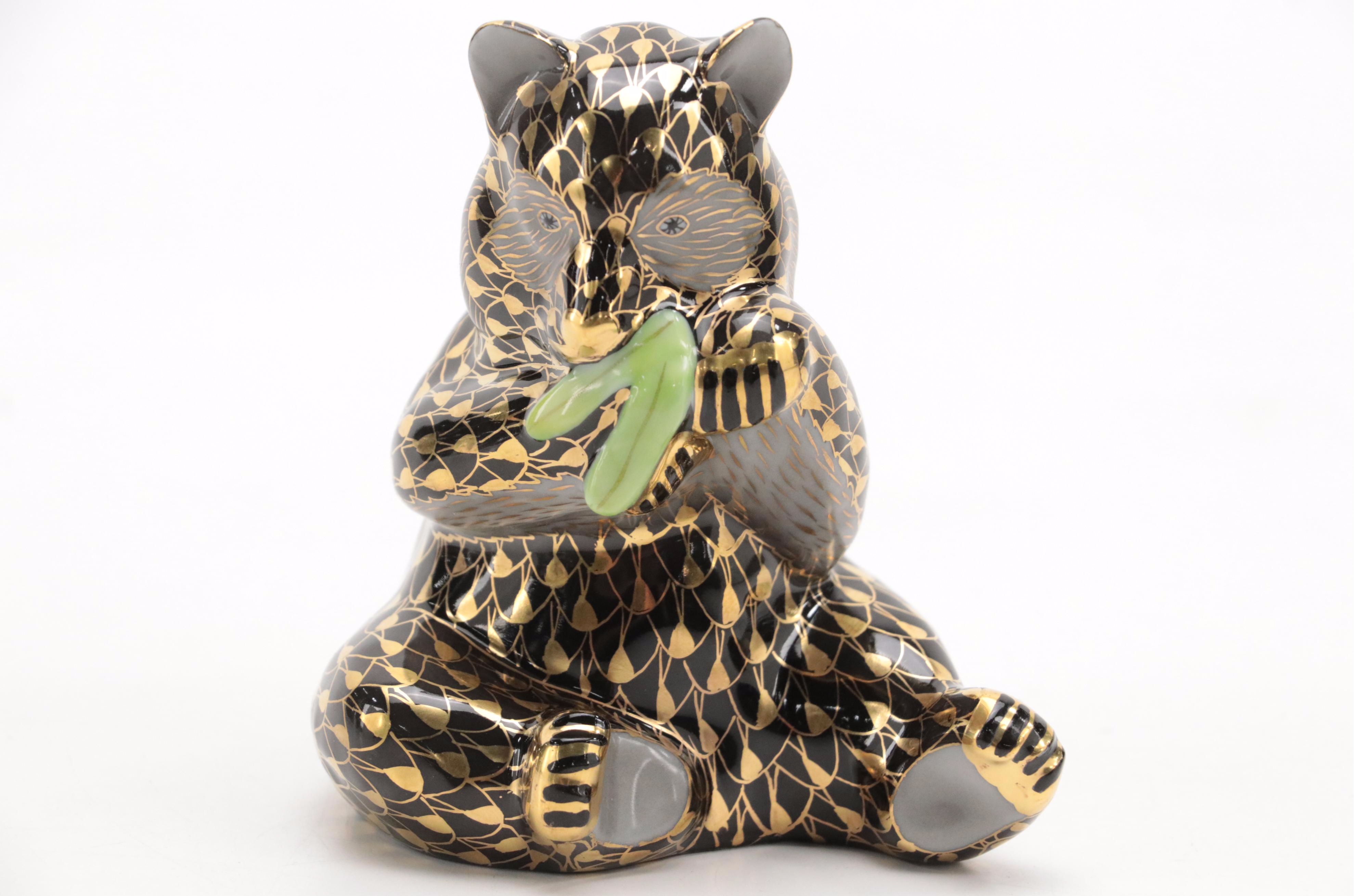 Herend Black Fishnet with Gold "Panda" Porcelain Figurine