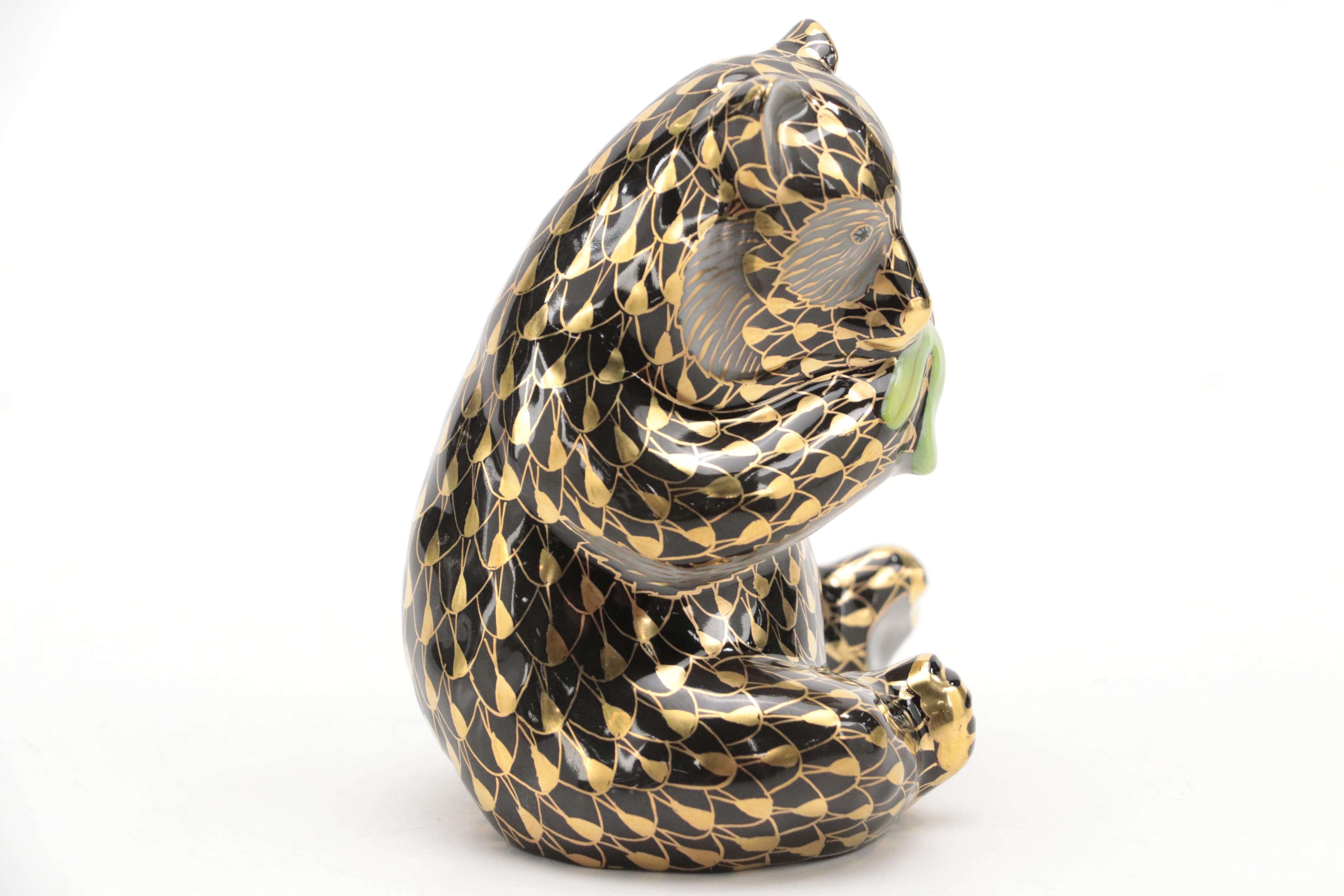 Herend Black Fishnet with Gold "Panda" Porcelain Figurine