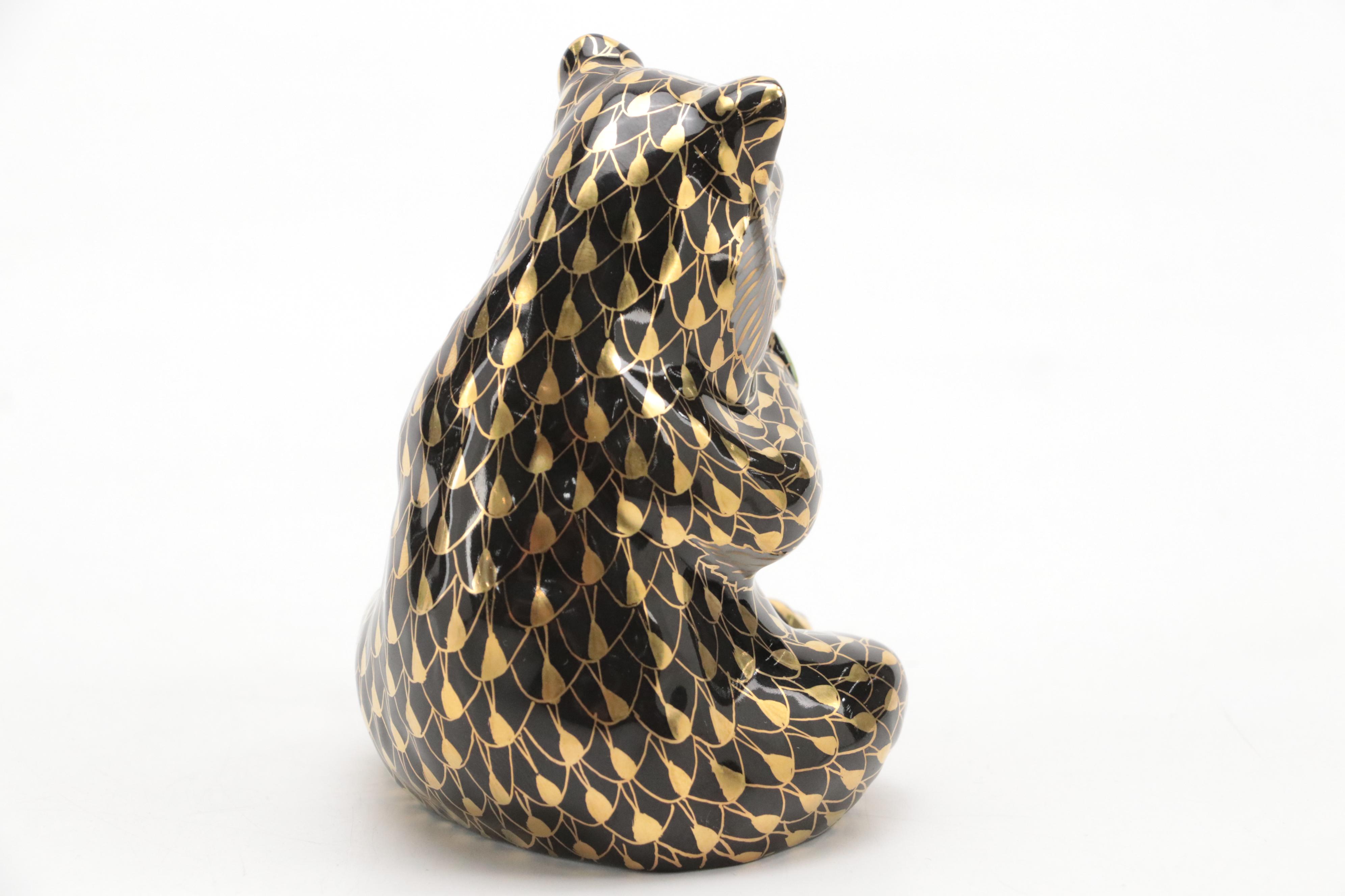 Herend Black Fishnet with Gold "Panda" Porcelain Figurine
