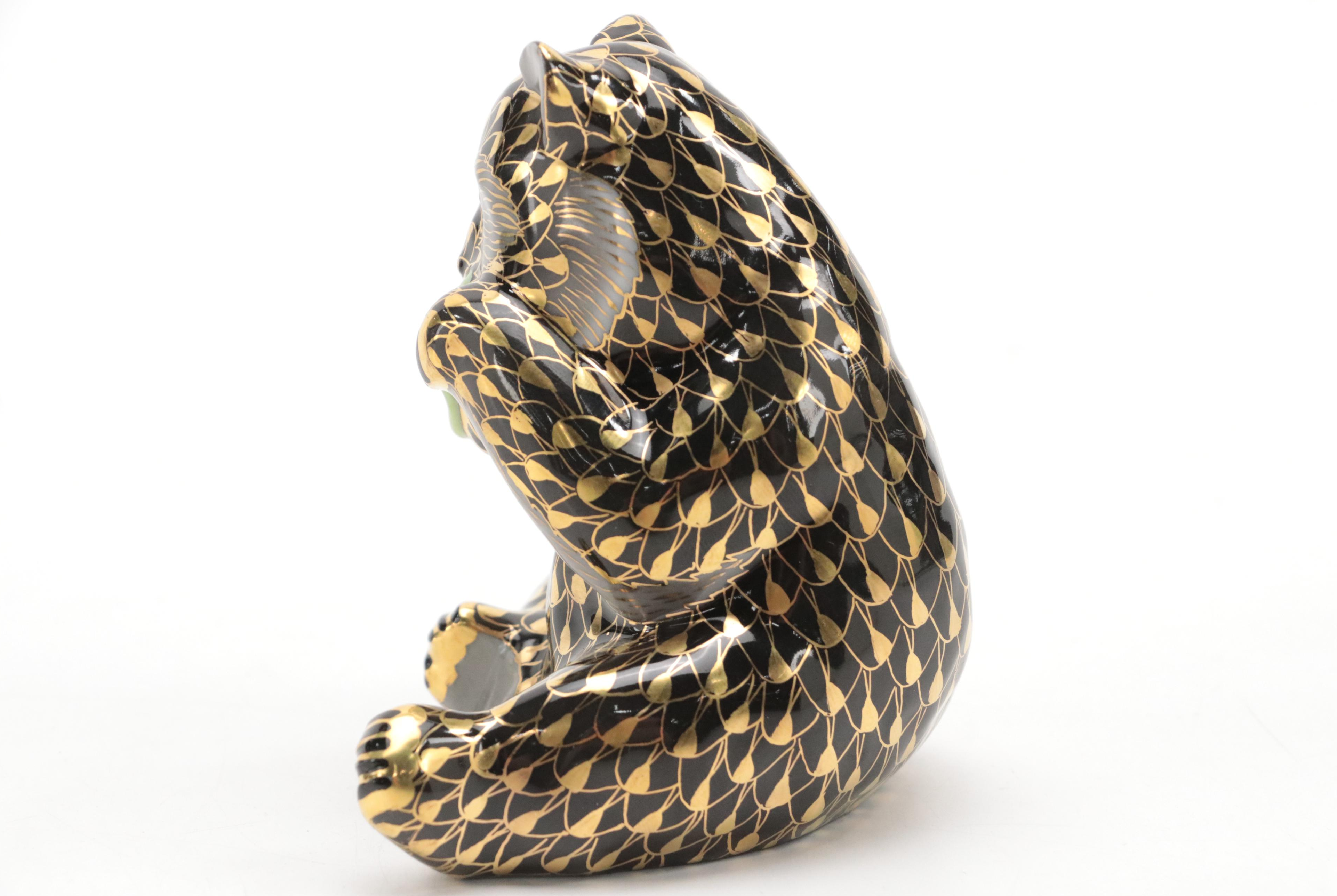 Herend Black Fishnet with Gold "Panda" Porcelain Figurine