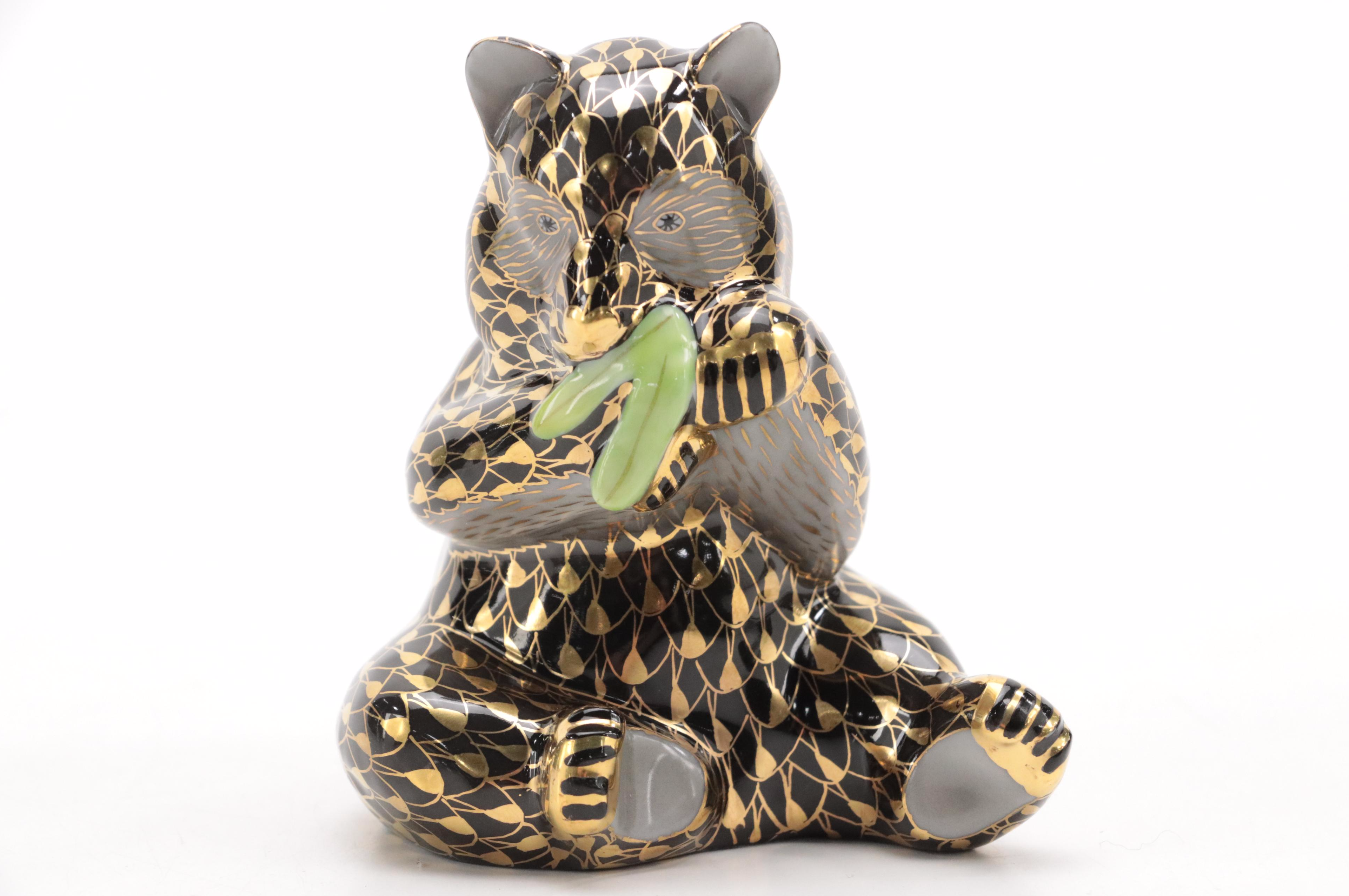 Herend Black Fishnet with Gold "Panda" Porcelain Figurine