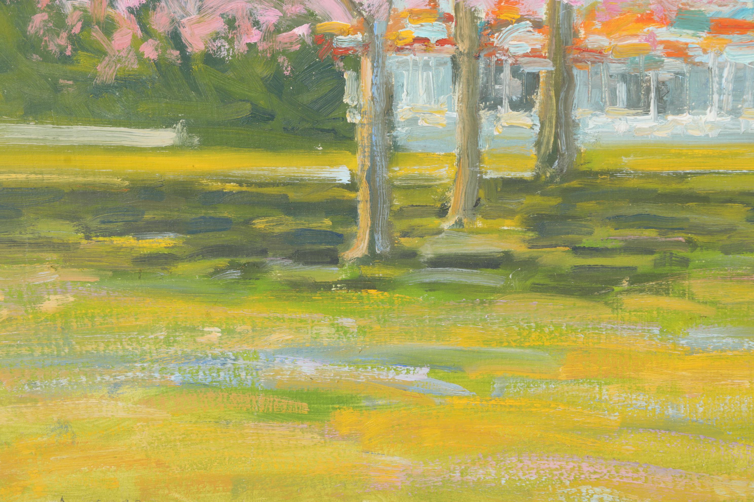 Bob Ragland Spring Park Scene Oil Painting With Blooming Trees, 1988